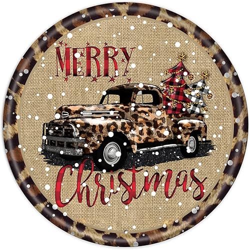 Licpact Cartel redondo de metal para decoración de pared, placa de corona de Navidad, letrero de corona de leopardo, camión, corona de Navidad,