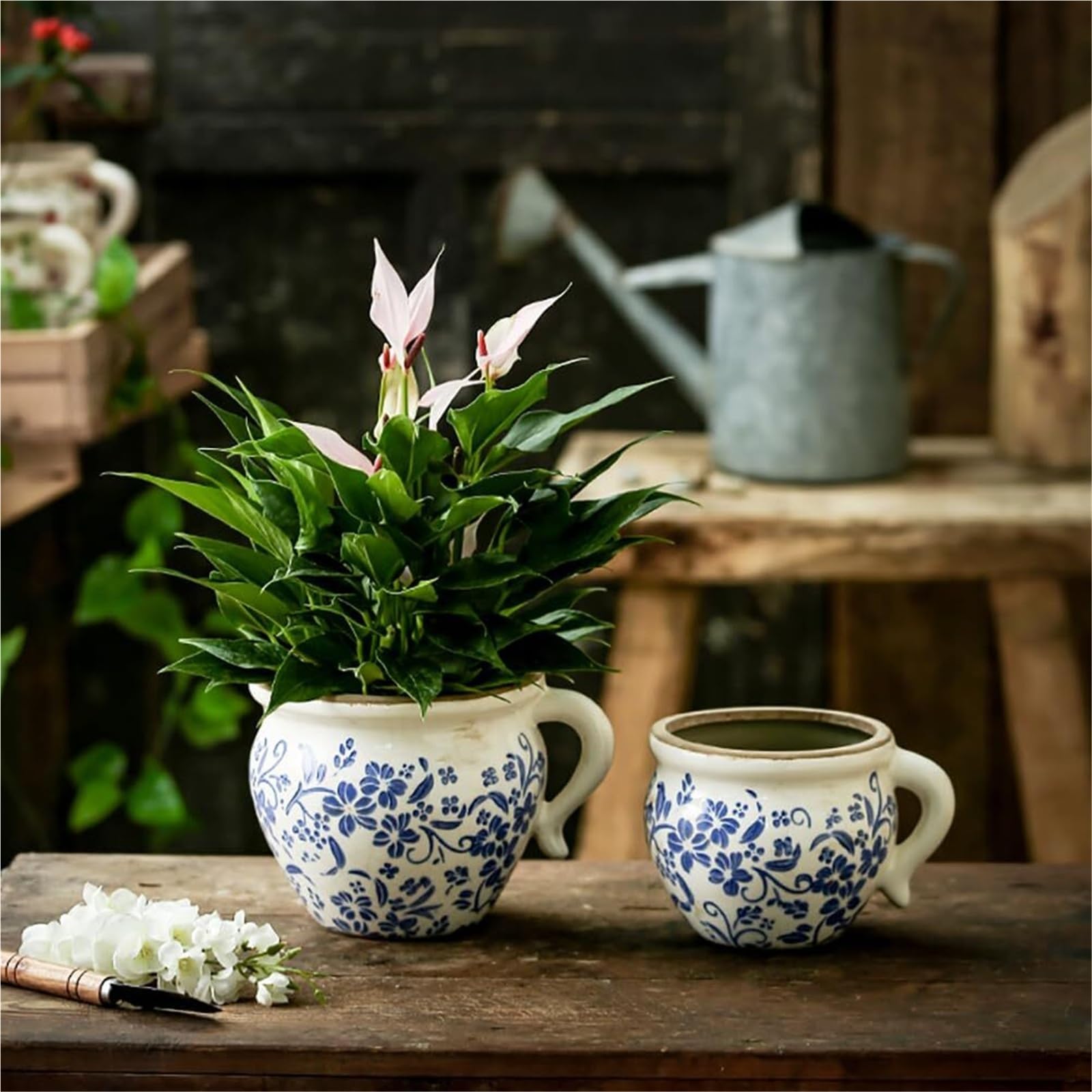 Doniczka Vintage Retro Rustykalna Ceramiczna Doniczka Z Uchwytem - Vintage Pęknięty Wazon Wystrój Ogrodu(Blue2, With Drain)