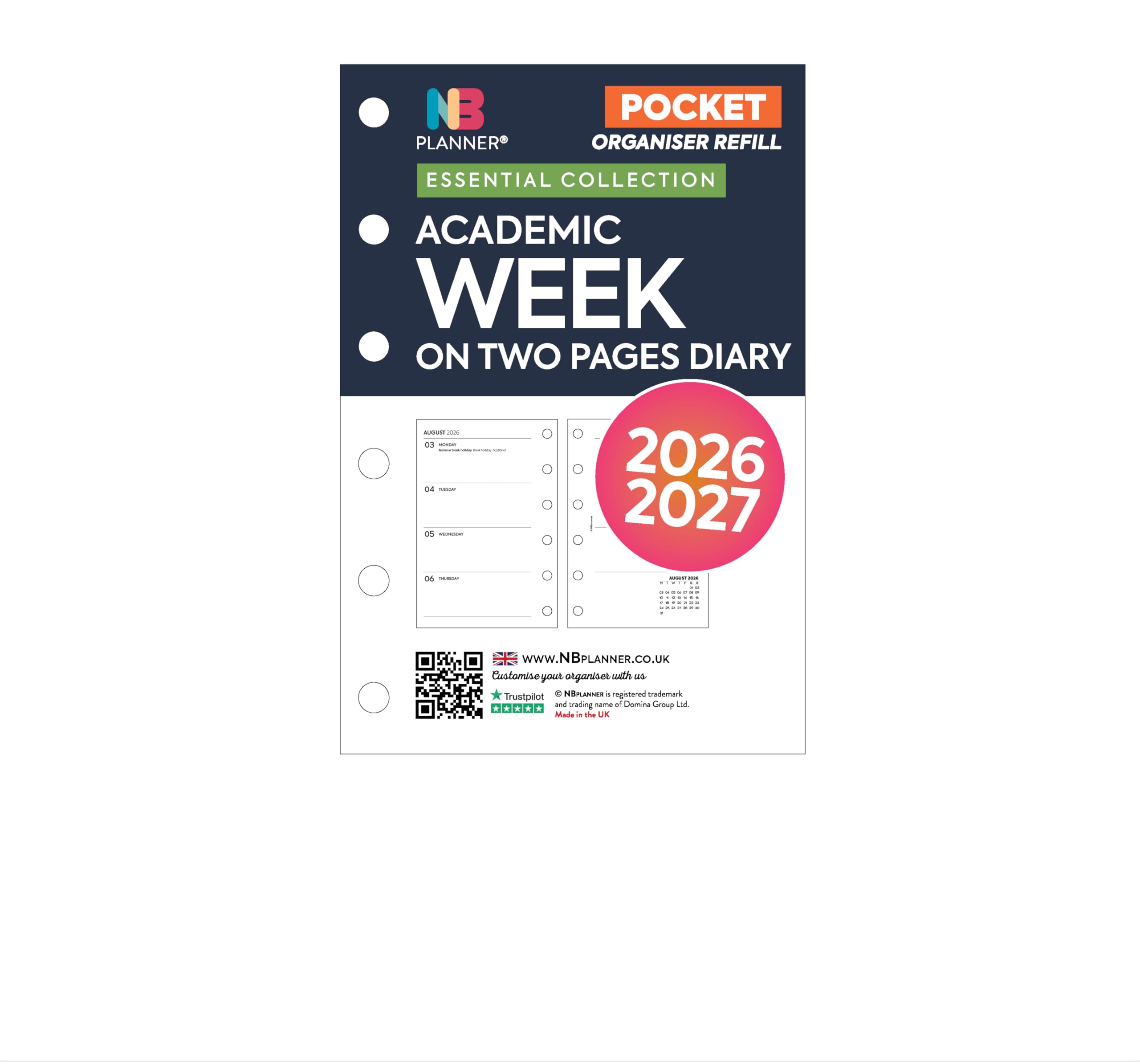 Academic 2026–2027 Pocket size Week on two pages diary refill insert | English | August 2026 – July 2027 | Compatible with Filofax pocket size organisers | 81 x 121mm