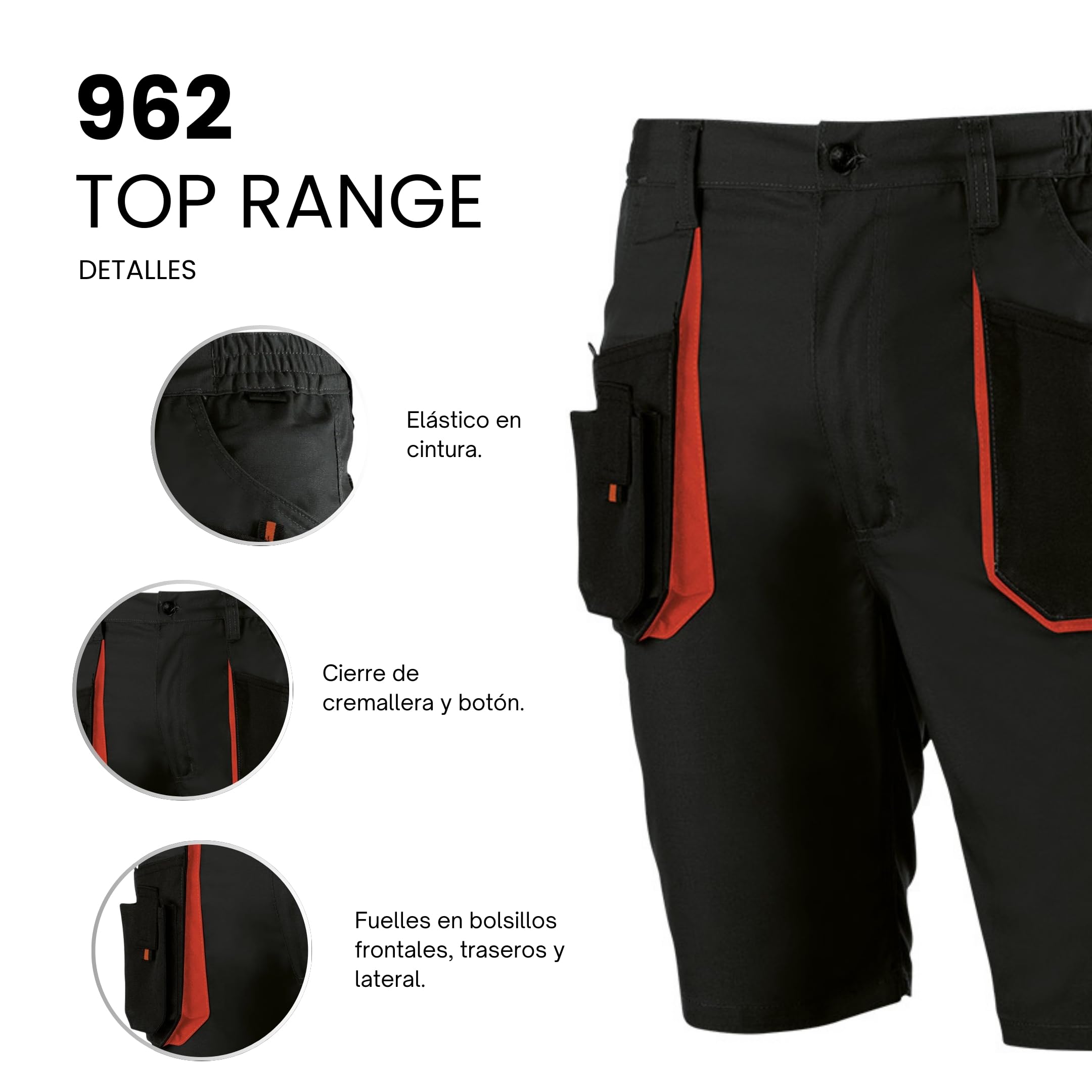 Juba Pantalón Corto Multibolsillos 65% poliéster/35% algodón, Negro con Detalles Naranjas