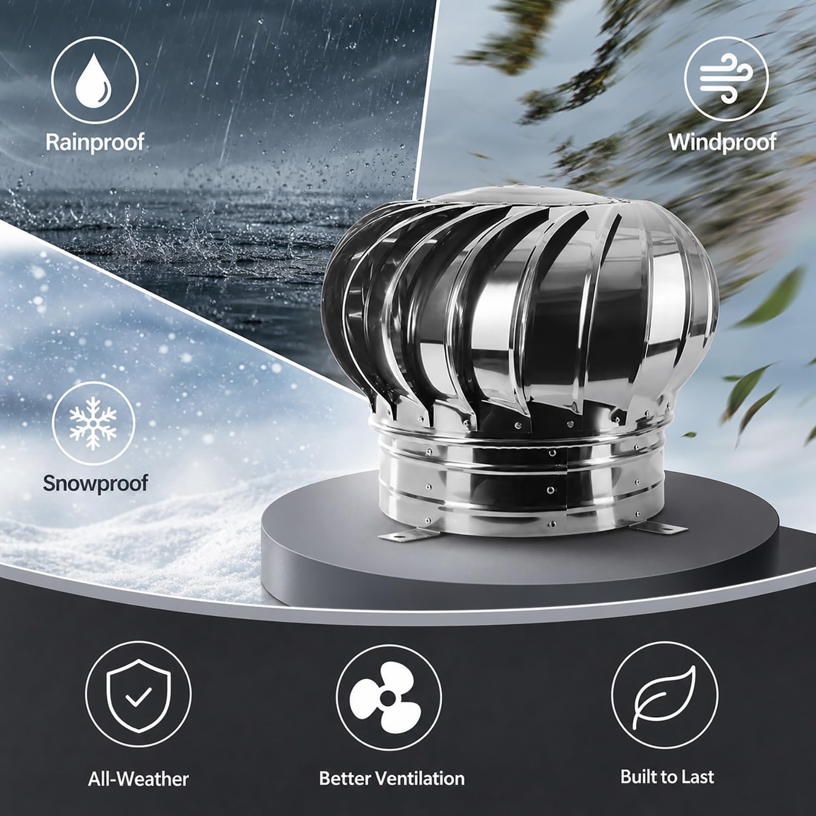 Sombrero de Chimenea De Techo Sombrerete Chimenea Acero Inoxidable 304 | Extractor De Humos Giratorio Campana para Instalaciones Industriales Fábrica Granjas Garaje Extracción Aire 75-500mm(350mm)