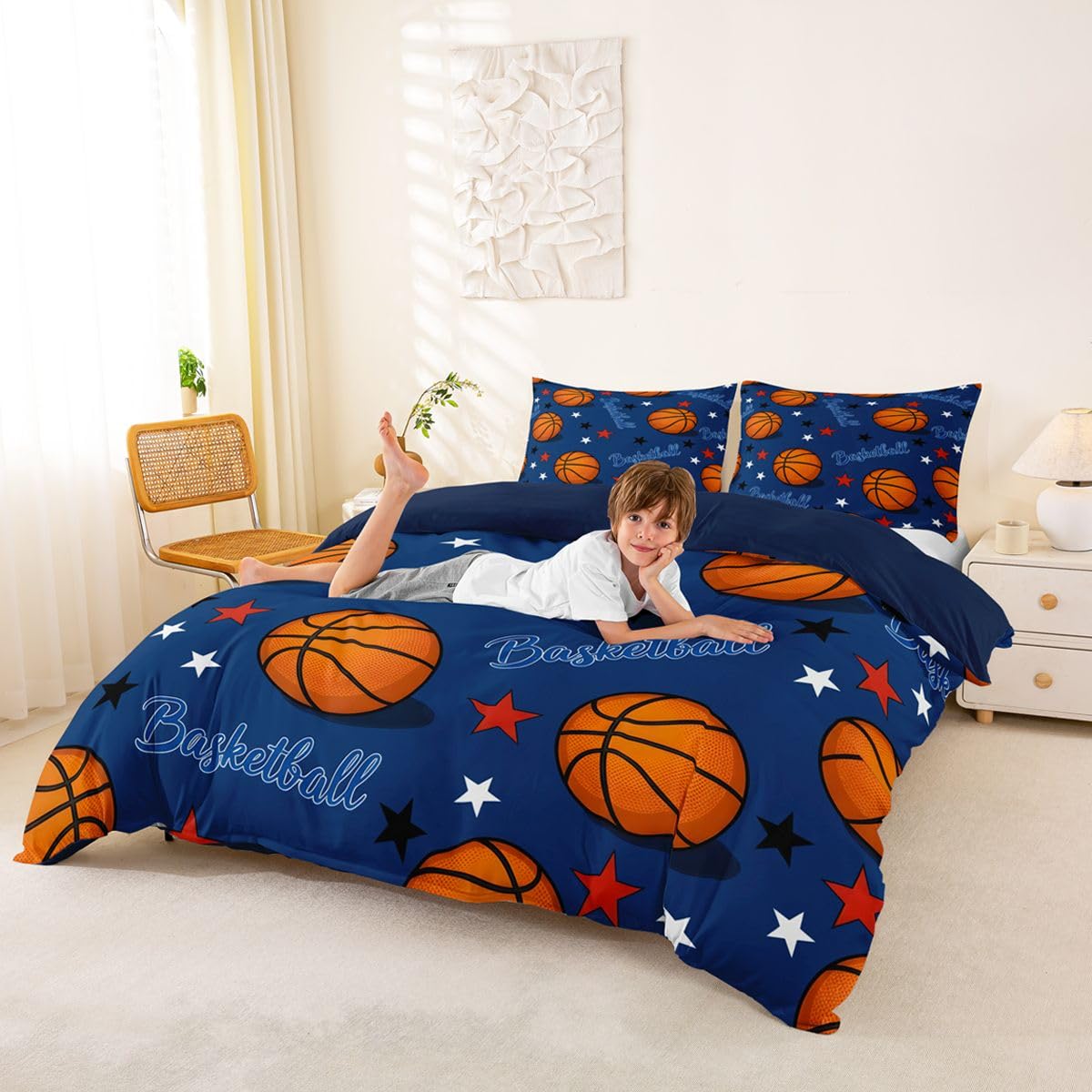 Homewish Set copripiumino per letto super king size, motivo pallacanestro, blu e marrone, motivo stelle, per amanti del basket
