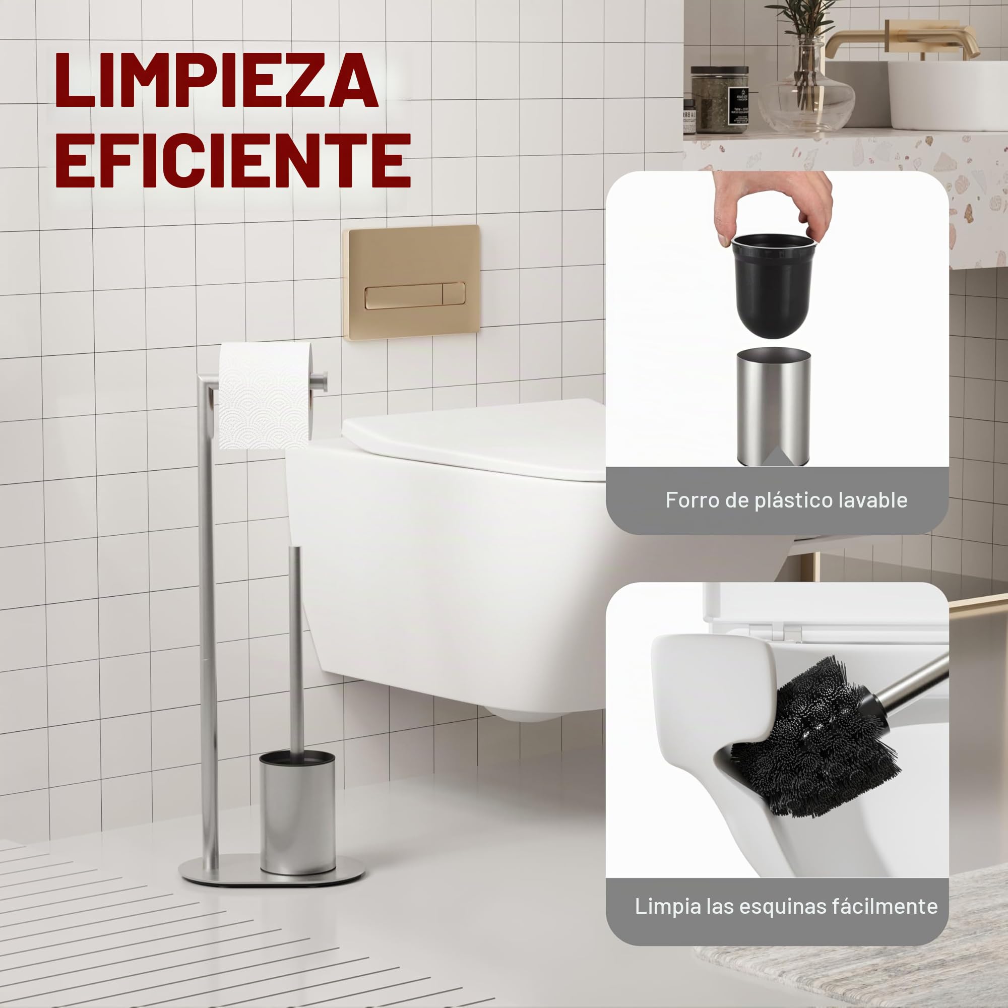 BVL Soporte para Papel Higiénico Y Escobilla Cepillado, Soporte para Papel Higiénico con Escobilla de Acero Inoxidable, Diseño Elíptico Portarrollos de Papel Higiénico de Pie con Escobillero