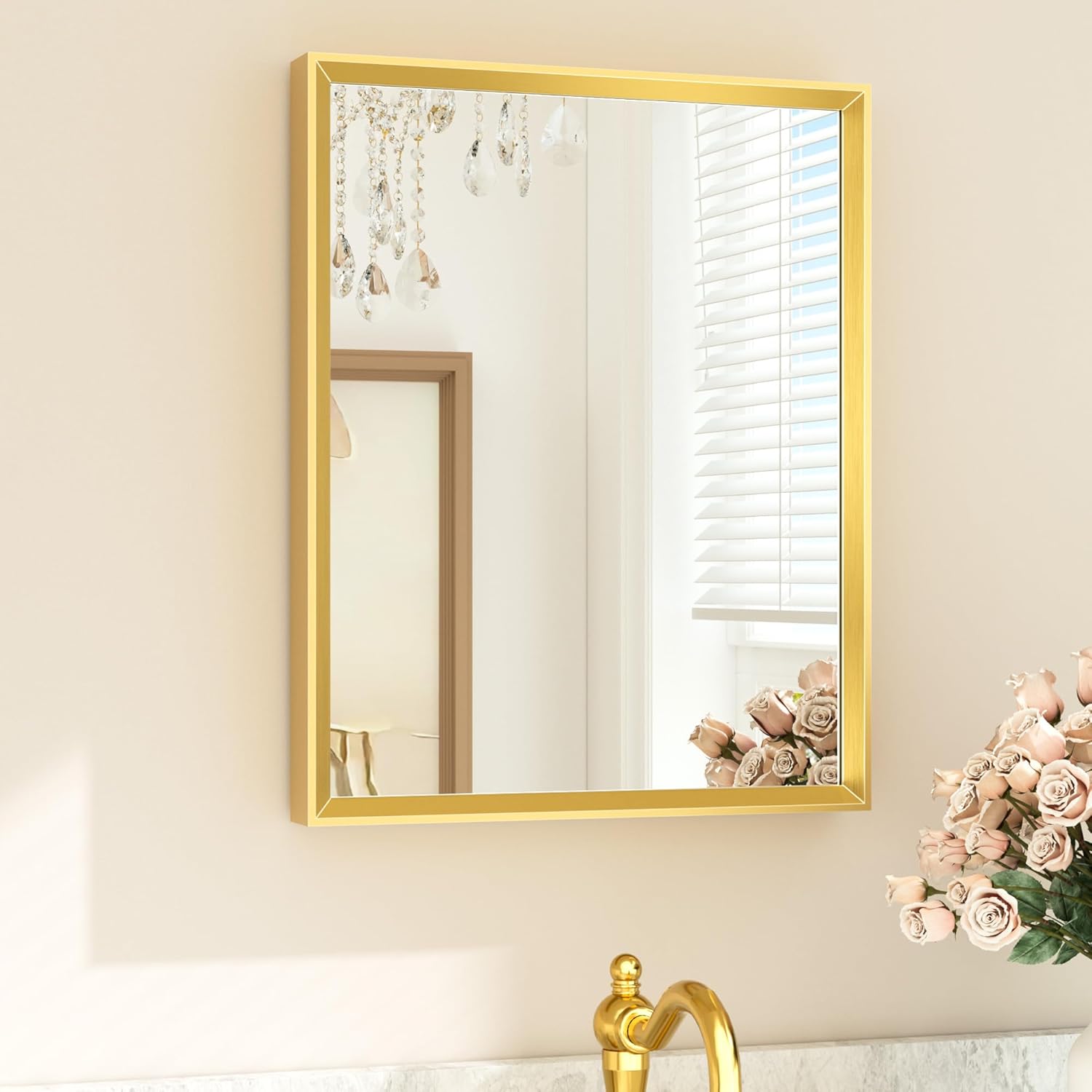 TETOTE Gold Bathroom Mirror 16" x 20" Brushed Gold Brass Rectangle Beveled Framed Bathroom Vanity Mirror for Over Sink, Tempered Glass, Shatterproof, Modern Farmhouse Bedroom, Entryway, Living Room 20"L x 16"W Brushed Gold