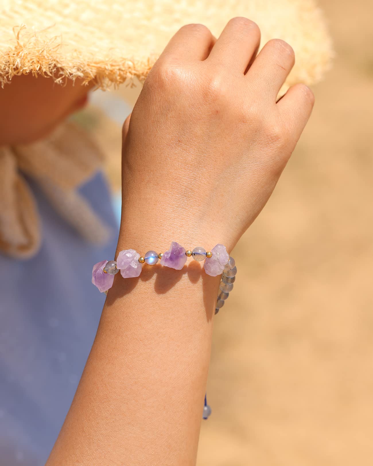 Jewboo Genuine Amethyst/Moonstone Beaded Bracelets Irregular Raw Crystals Bracelet for Women Love Spiritual Reiki Positive Energy Adjustable Healing Crystals Jewelry - Image 2