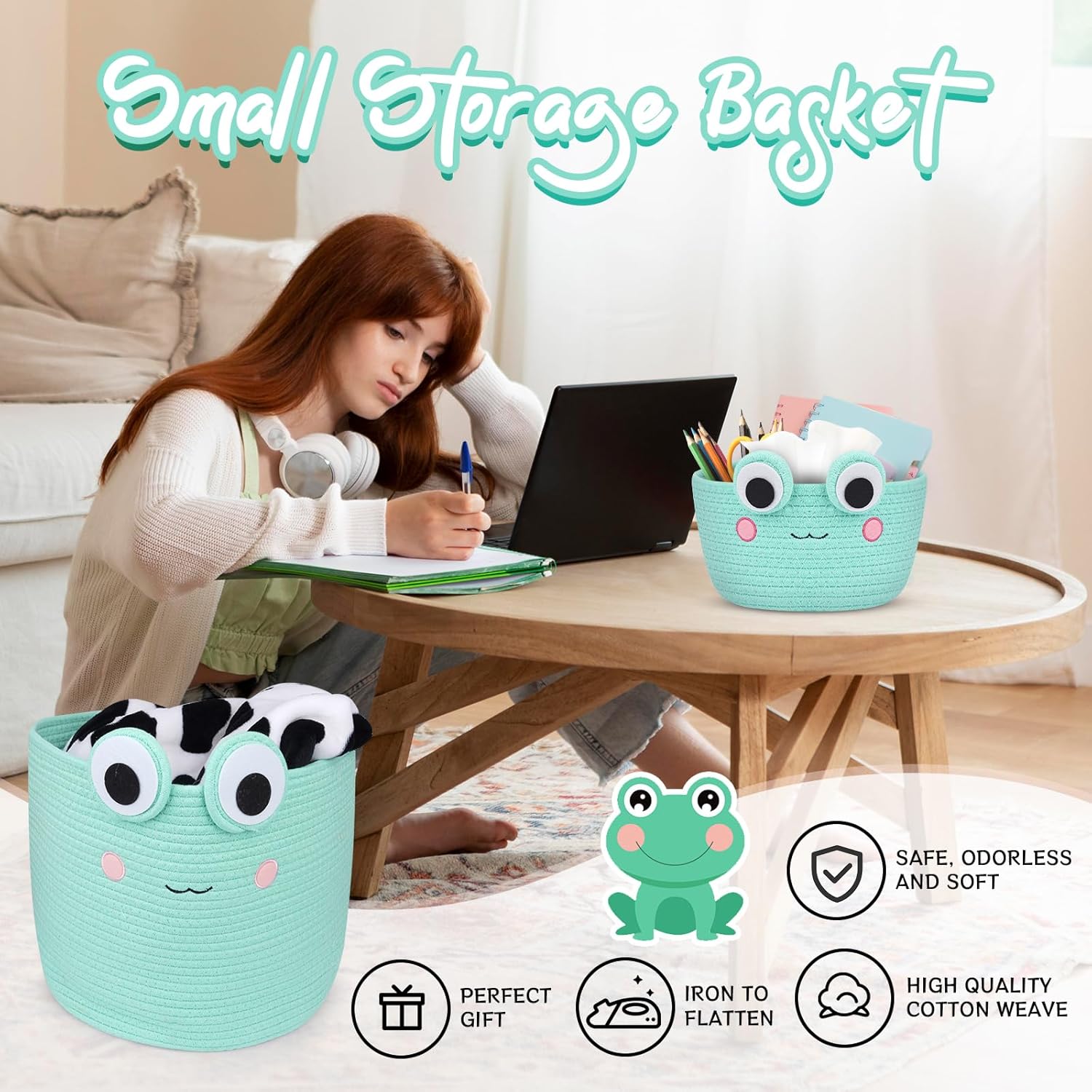 Small Storage Basket, Cute Baby Toy Storage Basket, Frog Cotton Rope Woven Baskets for Nursery, Blanket Basket Organize Laundry Baby Towels for Gift｜Cat Dog Bin Toys
