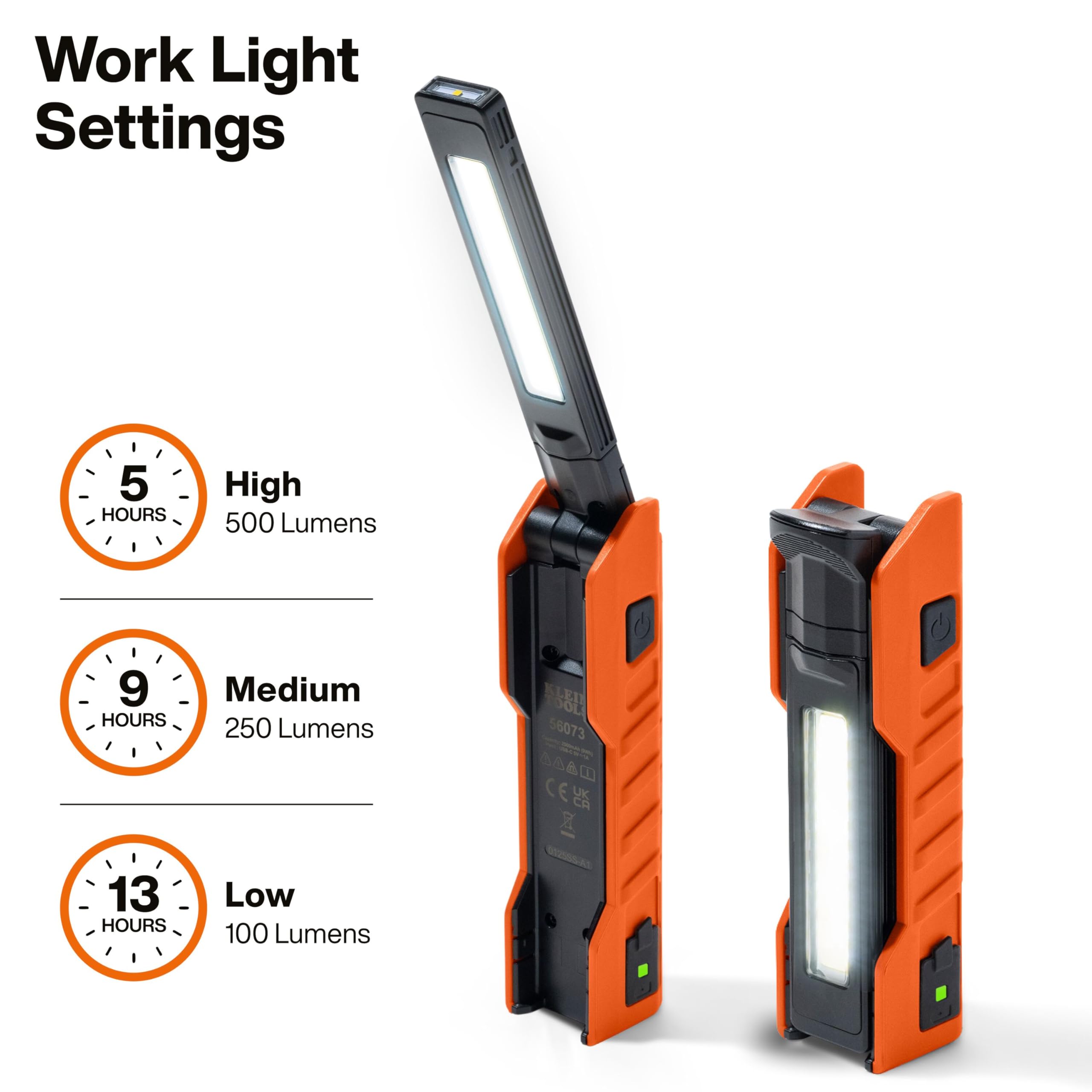 Klein Tools 56073 Foldable Handheld Work Light, 500-Lumen LED with 180-Degree Pivot and 270-Degree Rotation, USB-C Rechargeable Flashlight with Built-In Spotlight, Magnetic Base, IP54-Rated