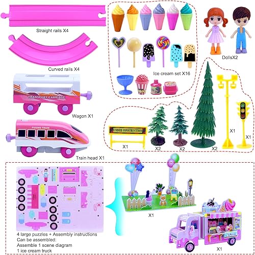 Miniatura 5 de Juegos de tren rosa para niños pequeños, juguetes musicales de tren eléctrico con camión de helado de bricolaje, rompecabezas de espuma 3D, kit de