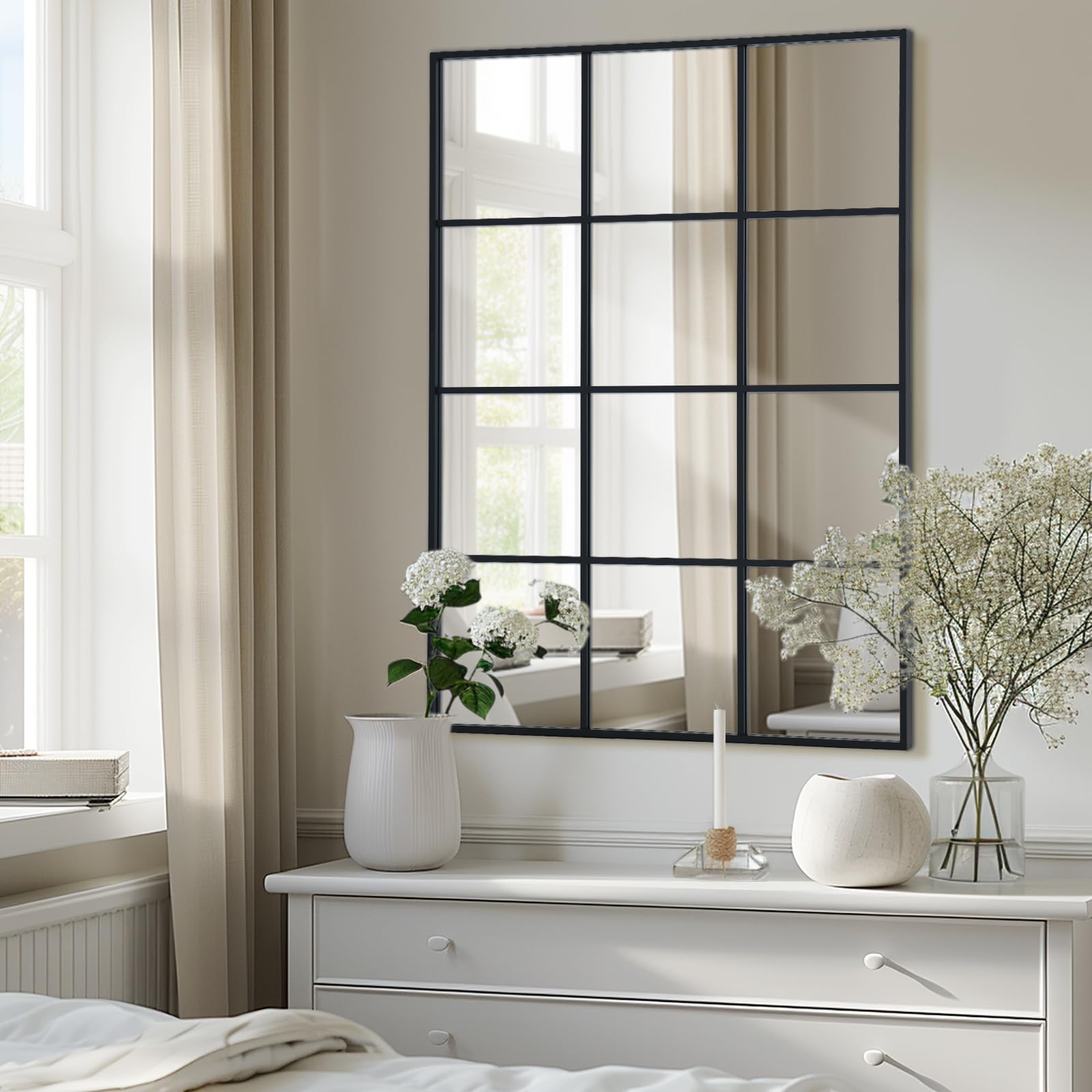 Specchio rettangolare per finestra, 75 x 120 cm, con cornice in alluminio nero, specchio da parete per interni, soggiorno, corridoio, ingresso, esterno, decorazione da giardino