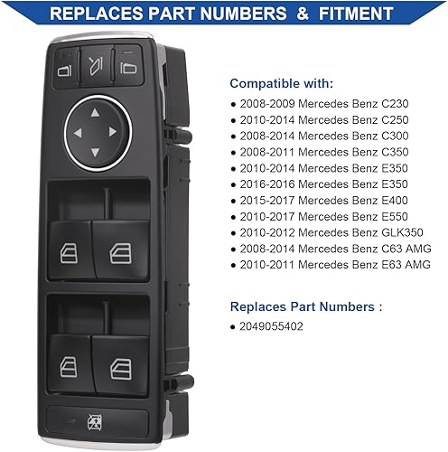 Miniatura 2 de Obaee Botón principal del interruptor de la ventana eléctrica delantera del lado del conductor compatible con Mercedes Benz 08 09 10 11 12 13 14 15
