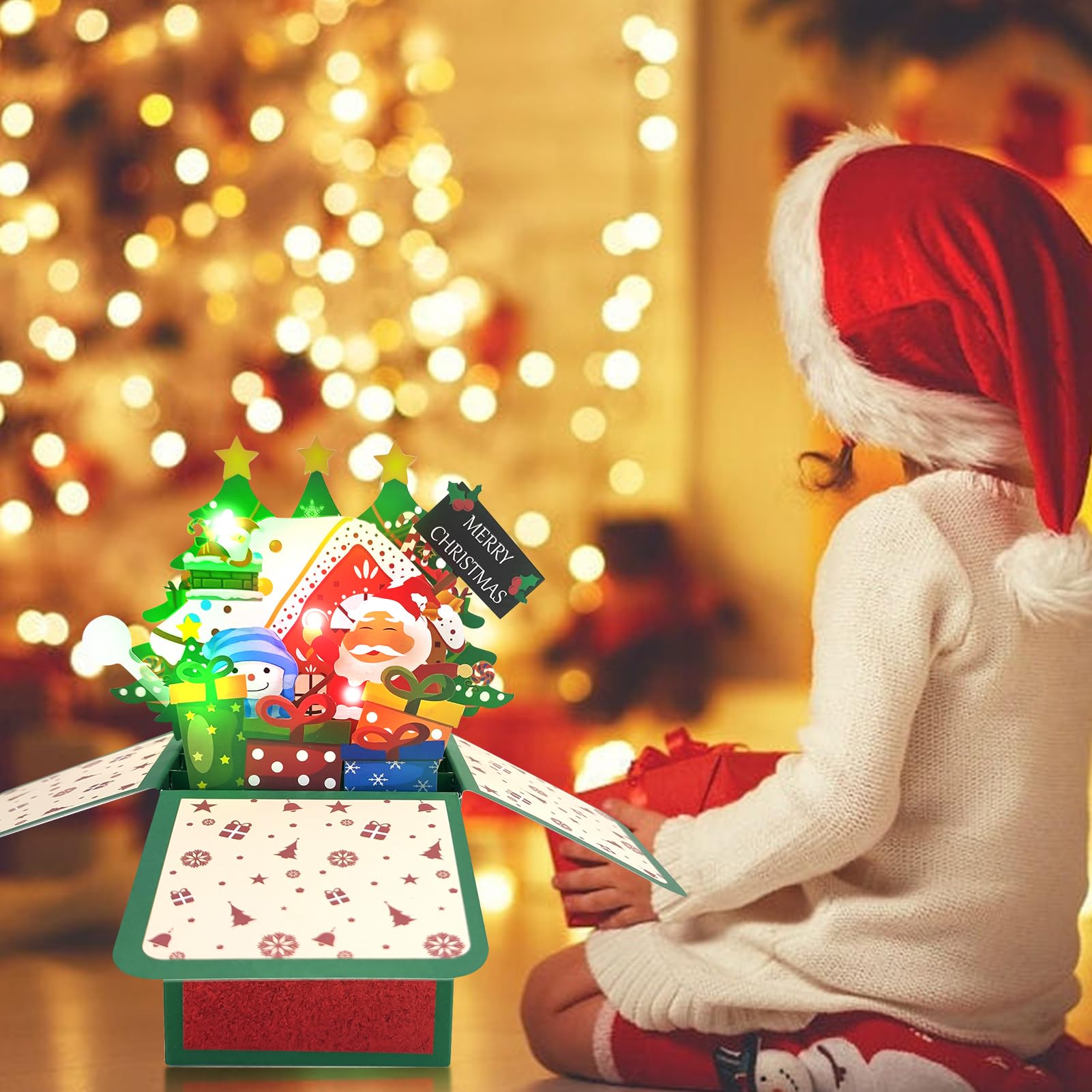 Tarjeta de Navidad 3D Pop Up Árbol de Navidad con luces y música, soporte para tarjetas de Navidad, tarjeta de Navidad, luz LED para niños, novia y familia (nieve)