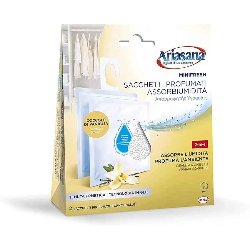 Ariasana Minifresh Coccole di Vaniglia Sacchetti profumati, Sacchetti assorbi umidità armadio e deodoranti 2 in 1, Profumatore armadio, cassetti e piccoli ambienti, sacchetti 2x50g
