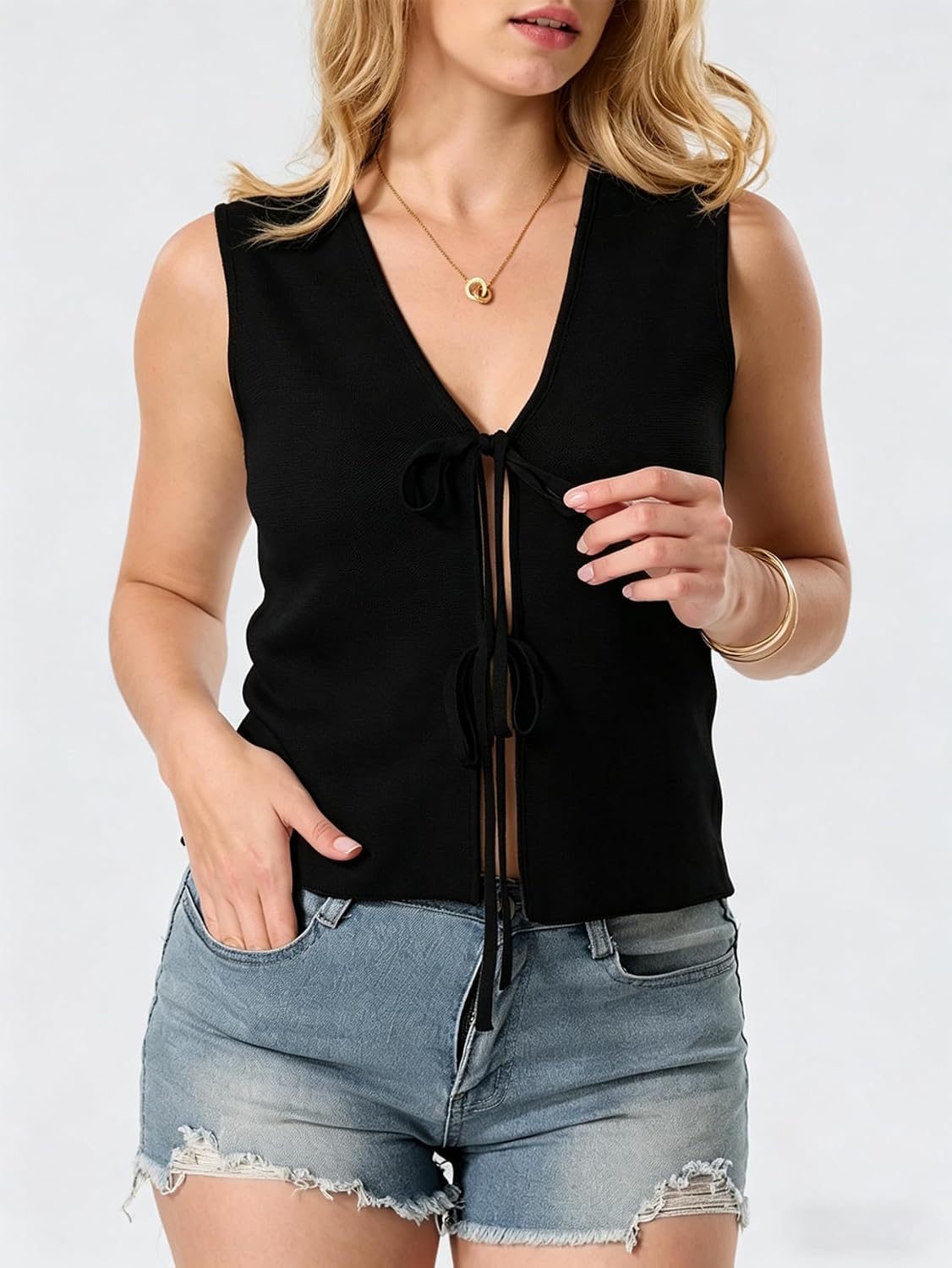 Women's Tie Front Crochet Sweater Vest Sleeveless V Neck Cute Y2K Trendy Knit Outfits Tank Tops