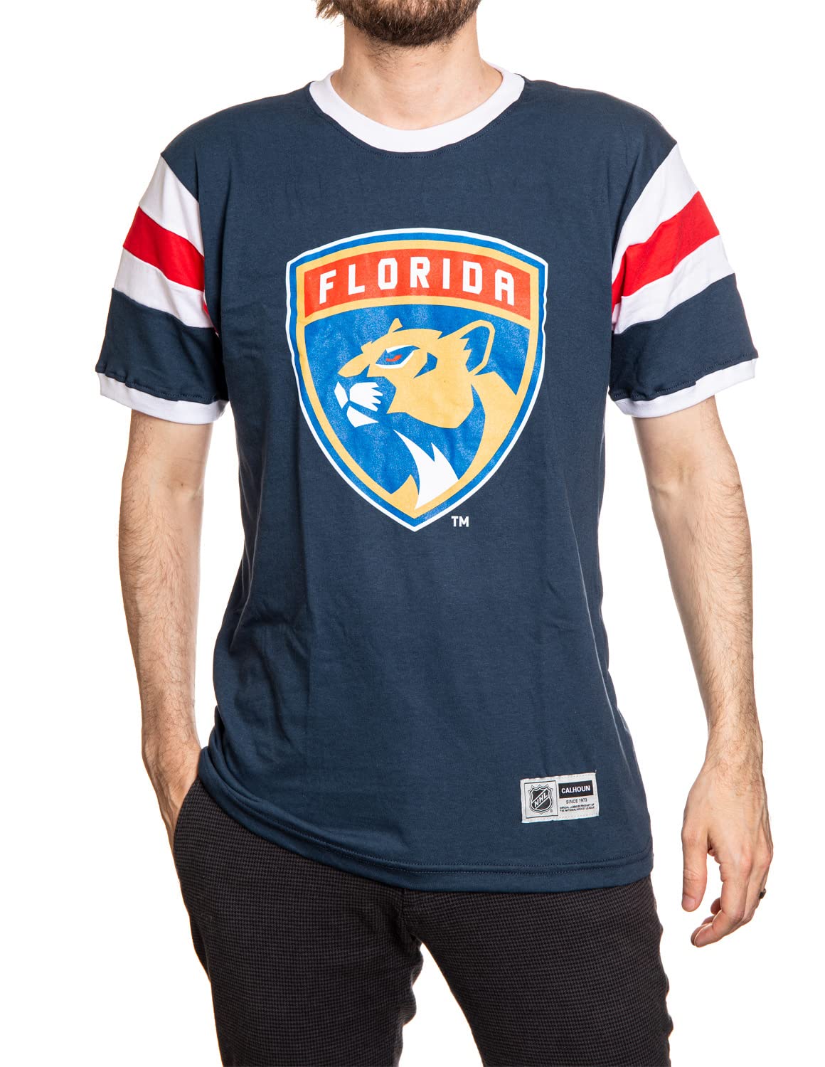 Calhoun Men's Florida Panthers Nhl Surf & Skate Shoulder Stripe Varsity Inset Sleeve Retro Style T-Shirt – The Coastal Collection, Large