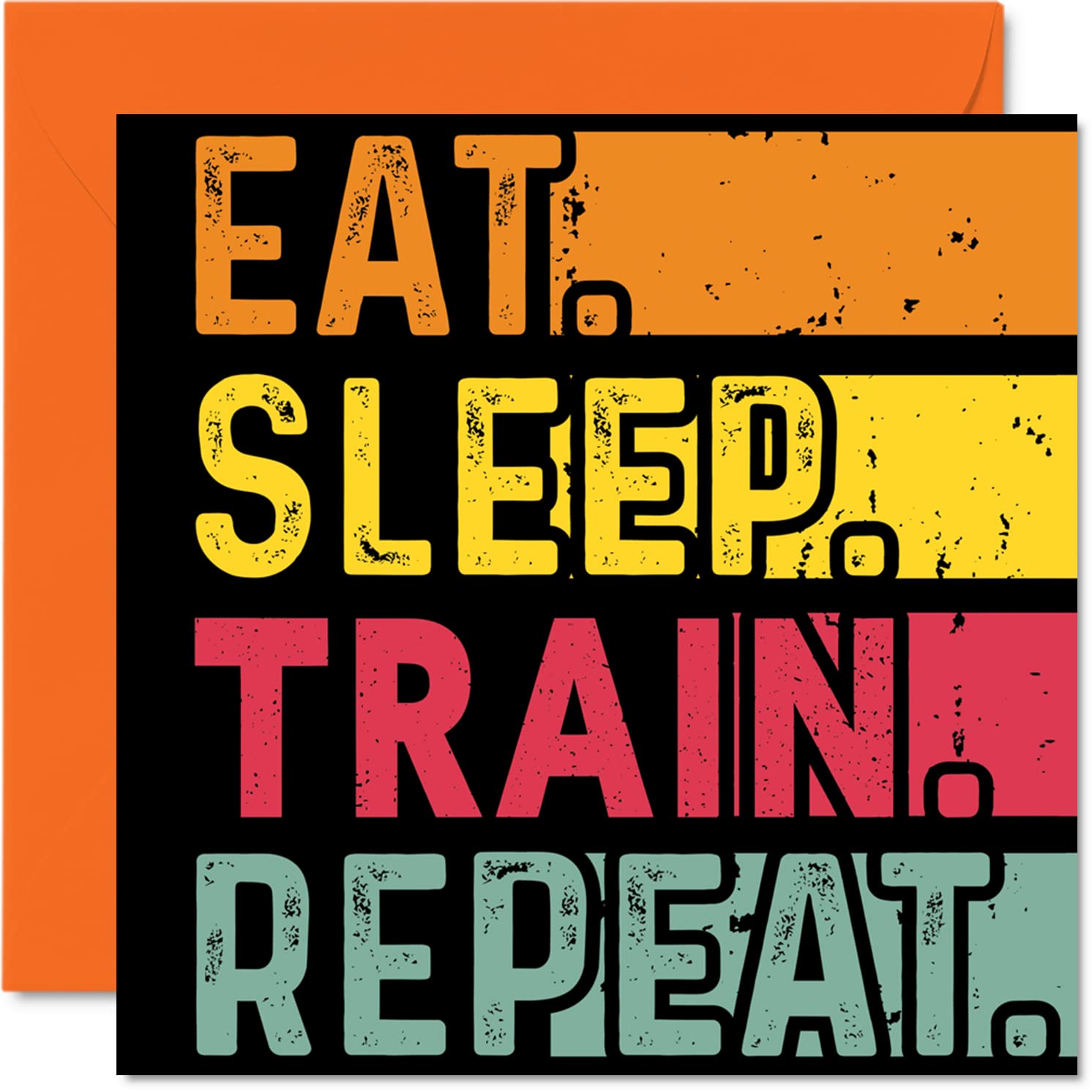 Stuff4Birthday Card Funny for Her or Him - Eat, Sleep, Train, Repeat - Happy Birthday Cards for Workout Fitness Lovers Gifts, 145mm x 145mm Birthday Greeting Cards for All Occasions Kids or Adult
