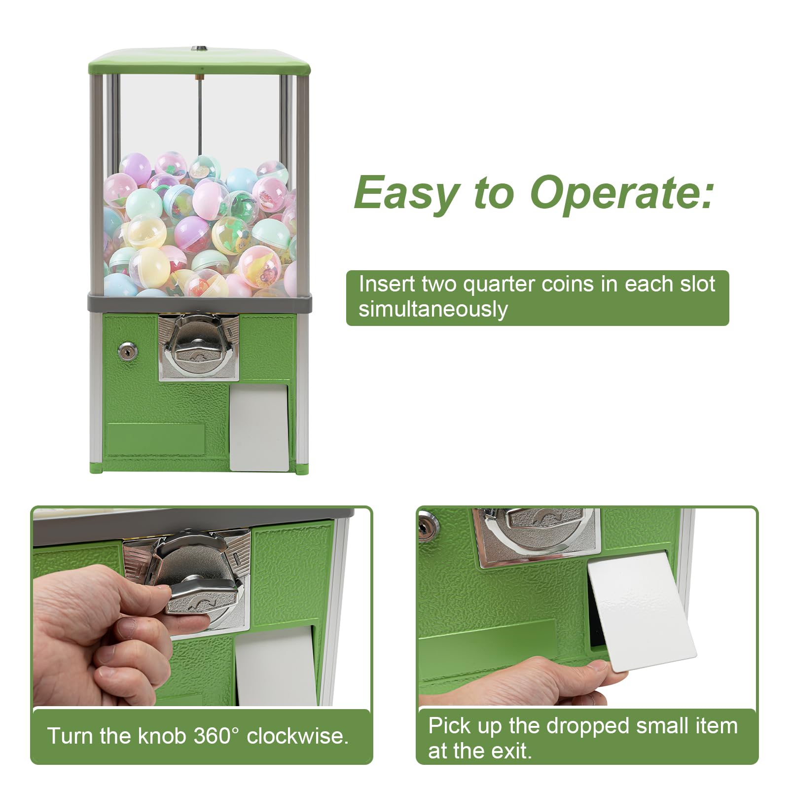 LIYUANJUN Vending Machine, Commercial Vending Machine for 25 Cent Coins Pinballs Round Capsules Bouncy Balls Prize Candy Machine Gumball Vending Device 11.42 * 10.24 * 20.87 Inch (Green)