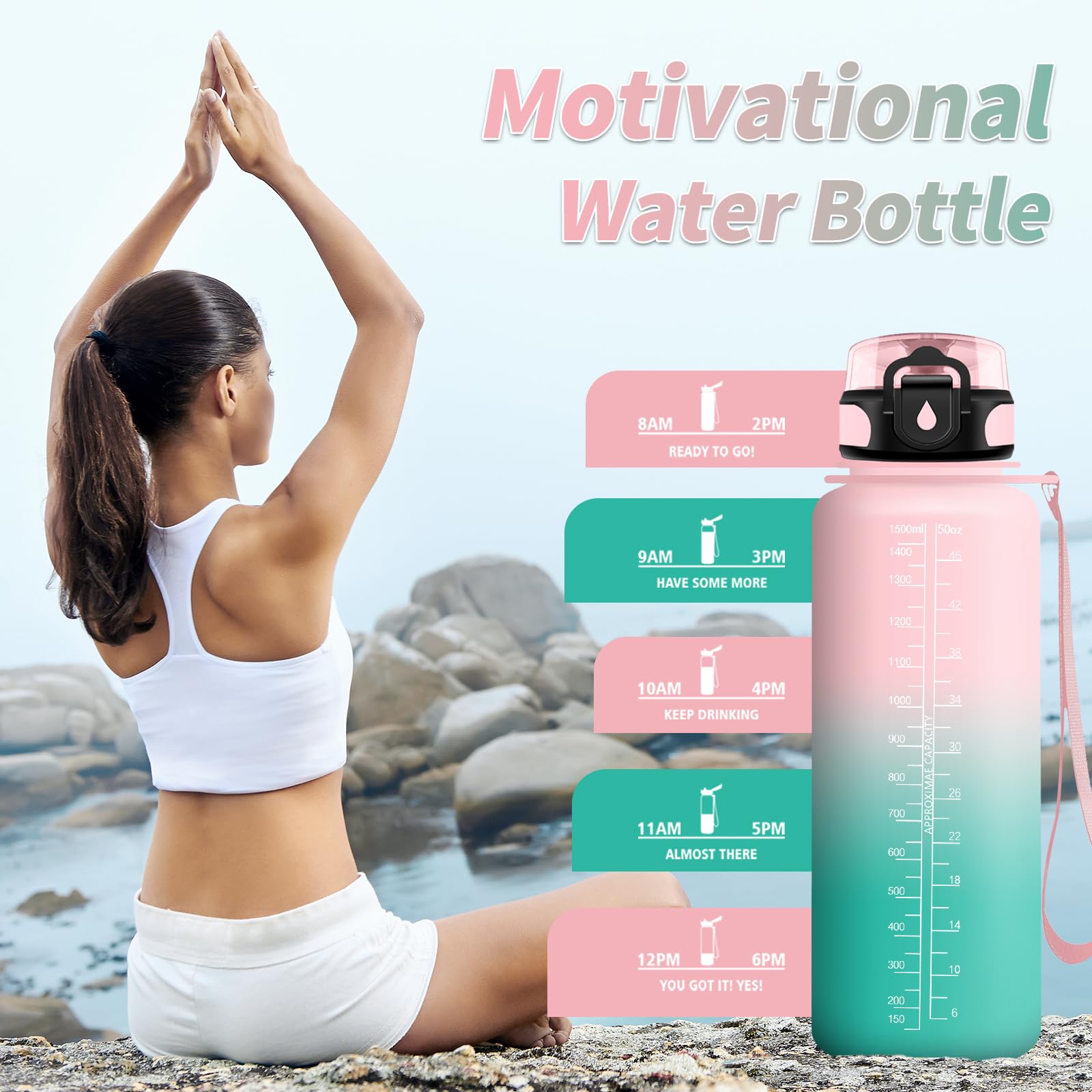 Botella De Agua Deportiva 1.5L – Motivadora, Sin BPA, A Prueba De Fugas, Ideal Para Gym, Oficina Y Outdoor