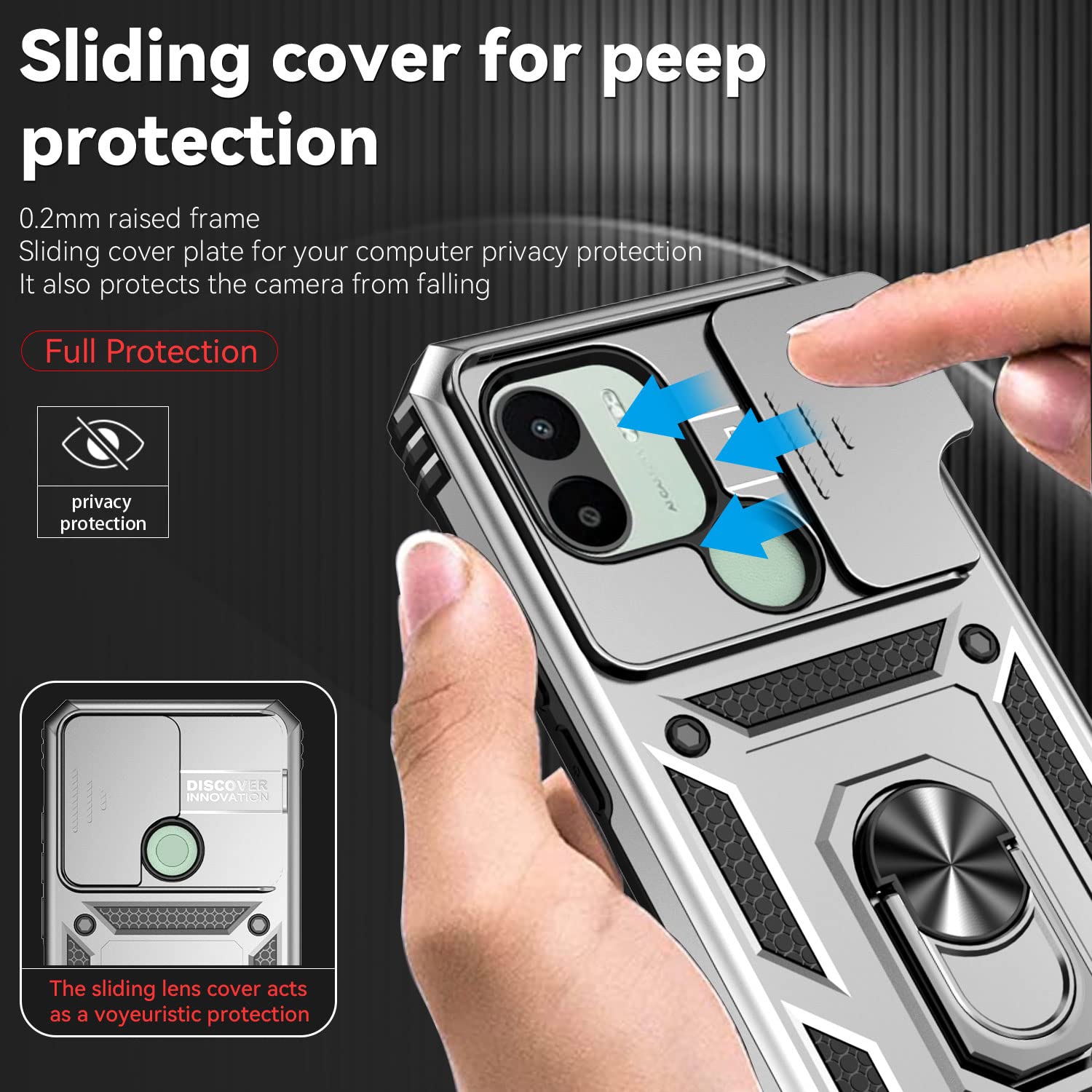 Cover XINYEXIN Per Xiaomi Redmi A1 / A1 Plus - Custodia Rigida Con Protezione Fotocamera Scorrevole, Anello Magnetico 360° E Supporto Auto - Rosso