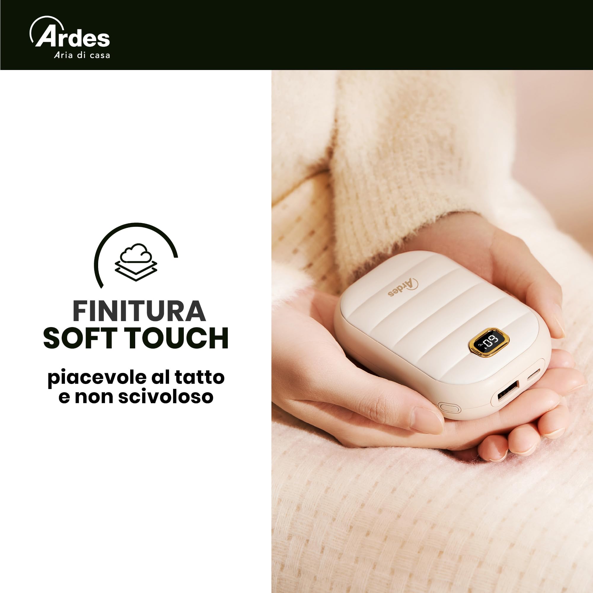 Ardes AR080 Scaldamani Elettrico Portatile, Scaldino Ricaricabile Powerbank 4000 mAh, USB Riutilizzabile Riscaldatore, 4 Livelli di Calore, Scalda Mani Tascabile