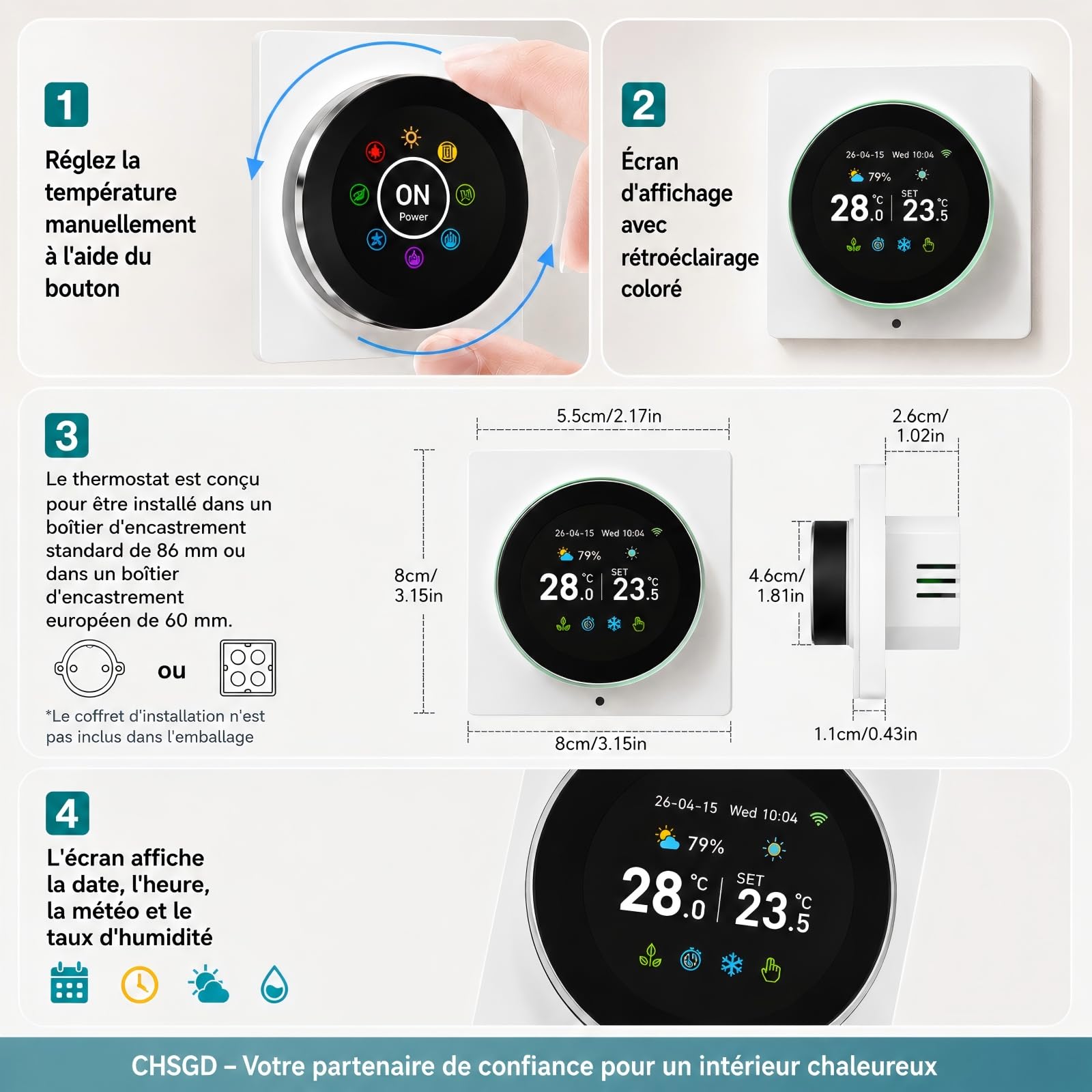 Thermostat Connecté Chaudiere Gaz WiFi Régulateur Température à Rotatif 3A | Intelligent Thermostats D'ambiance Mural Programmable Digital Compatible avec Alexa Google Home Tuya Smart Life,Écran Couleur