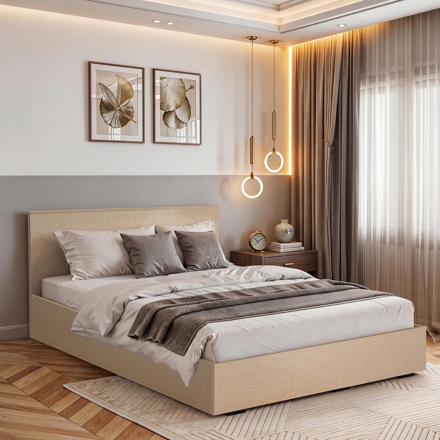ABOUT SPACE Bed - (84 x 62 inches) Queen Size Bed with Storage Box & Headboard| Floor Standing Engineered Wooden Bed Frame, MDF Base Panel | 1-Year Warranty Cot for Bedroom - Satin Weave (Linen Beige)-image-35