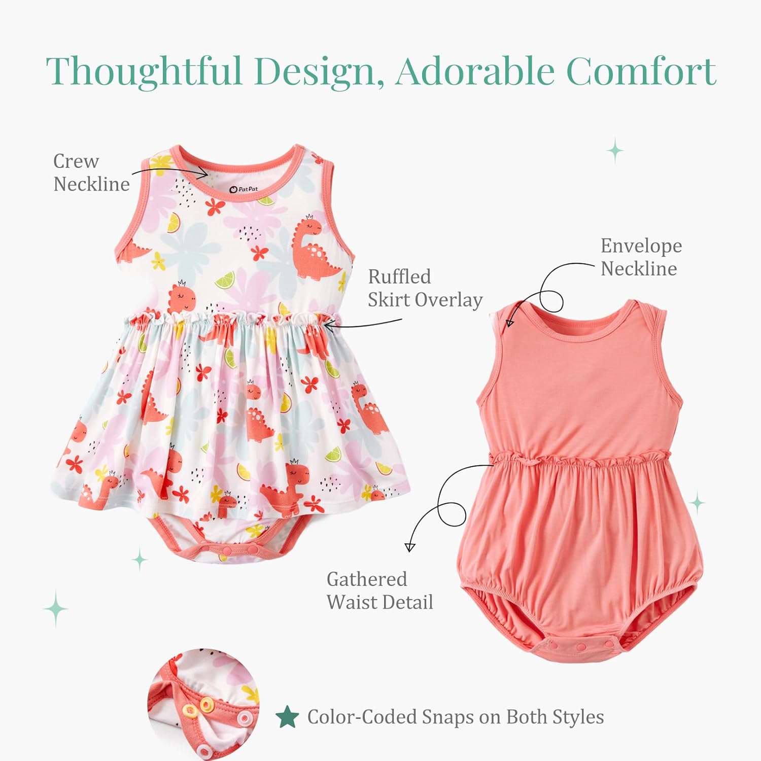 PATPAT Bamboo Baby Girl Clothes - Soft & Breathable Viscose Outfits - Sleeveless Bodysuit Dress Summer- 2 Pack Newborn Infant