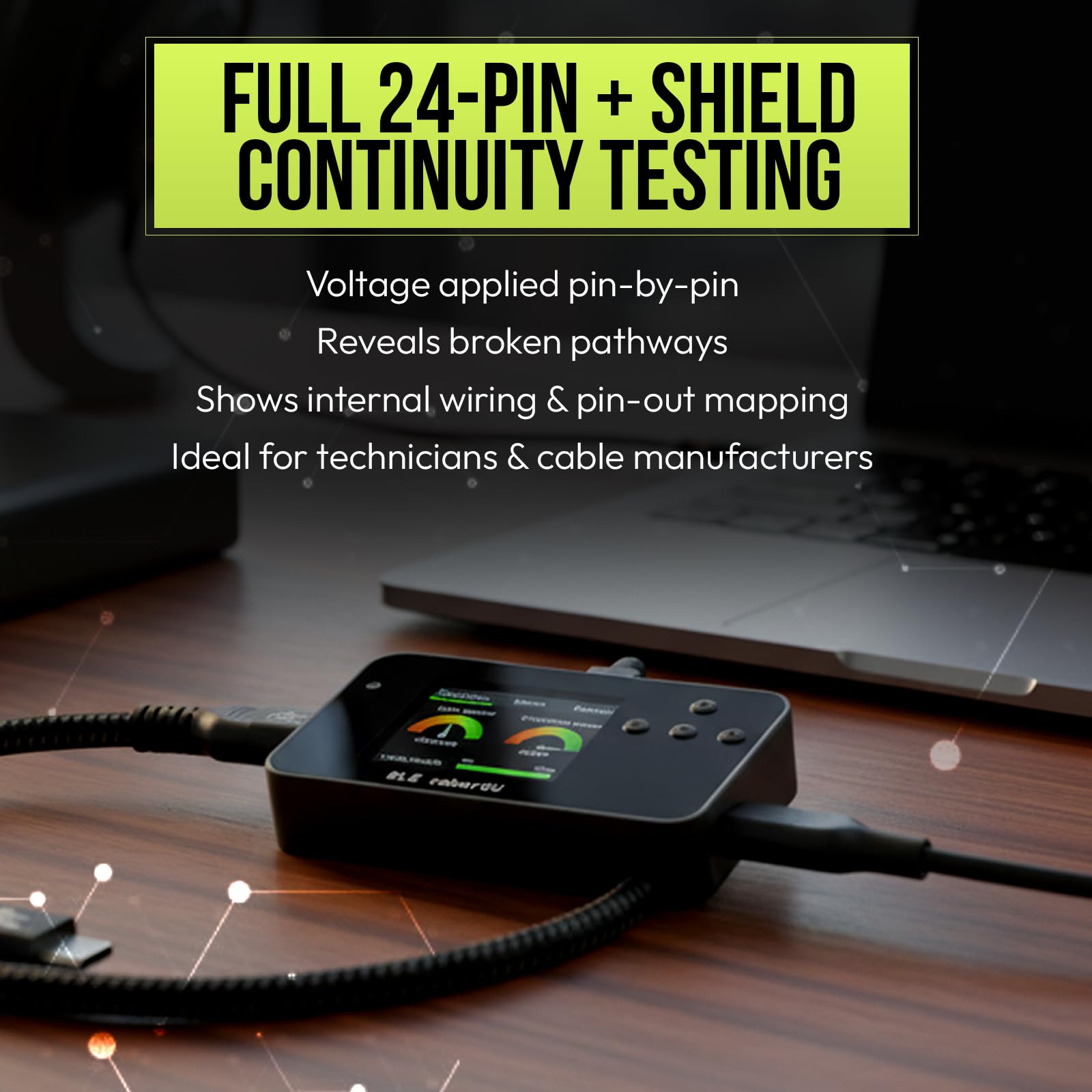 BLE caberQU Testeur de câble numérique USB C PD 3.0/3.1/3.2 eMarker 25 broches Continuité Broches USB 2/3/4 Résistance de câble iOS & Android App (BLE caberQU Kit de sécurité
