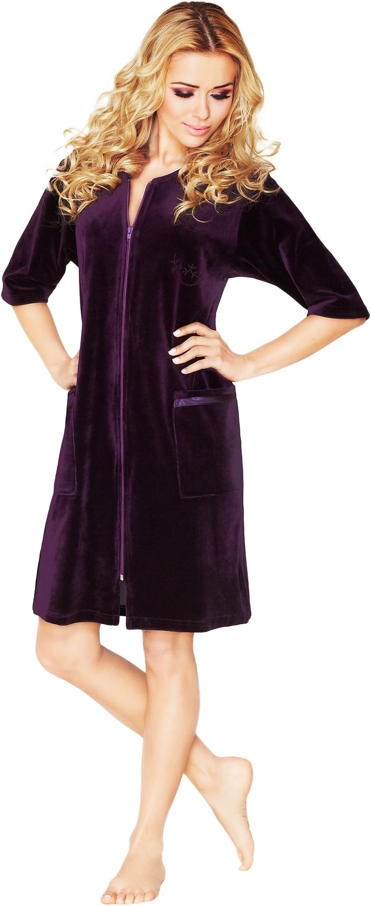Women's Cotton Housecoat Gown Dress Velour Bathrobe Zip Up, Knee Length Maroon