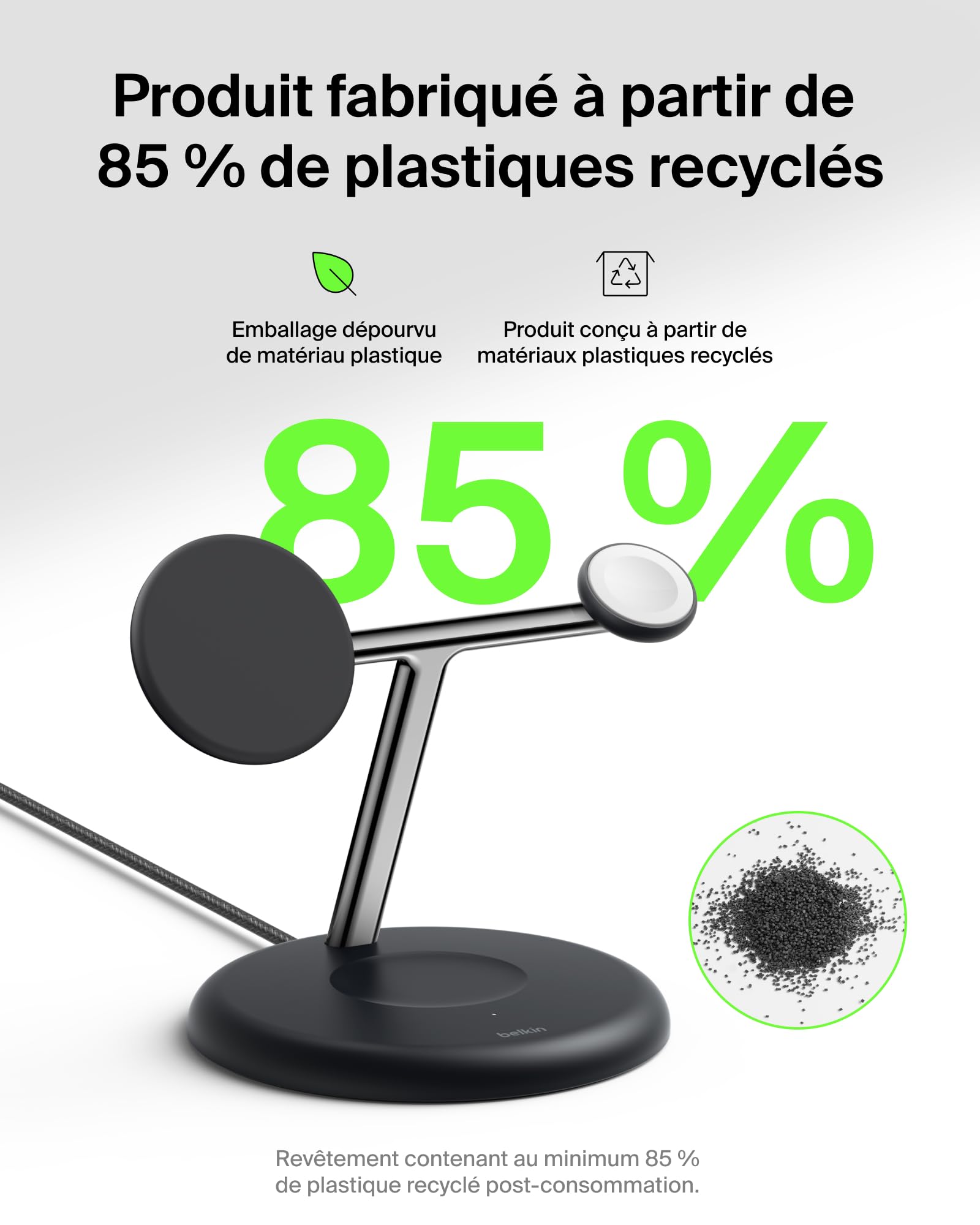 Belkin UltraCharge Station sans Fil 3-en-1 avec Qi2, 25 W - Noir | Qi2.2, Chargeur Magnétique Sans Fil MagSafe Pour iPhone, Apple Watch, Écouteurs, Câble USB-C, Adaptateur Secteur 45 W