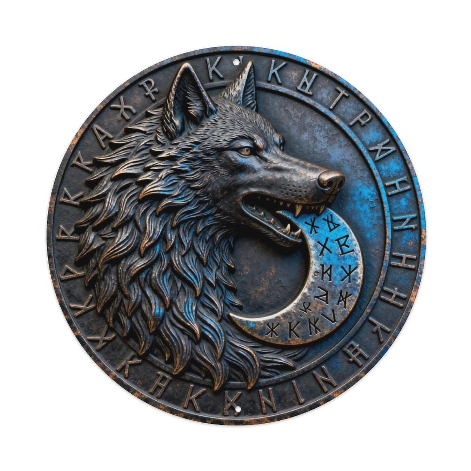 Norse Hati Wolf Chasing Moon Rune Metal Tin Sign Plaque