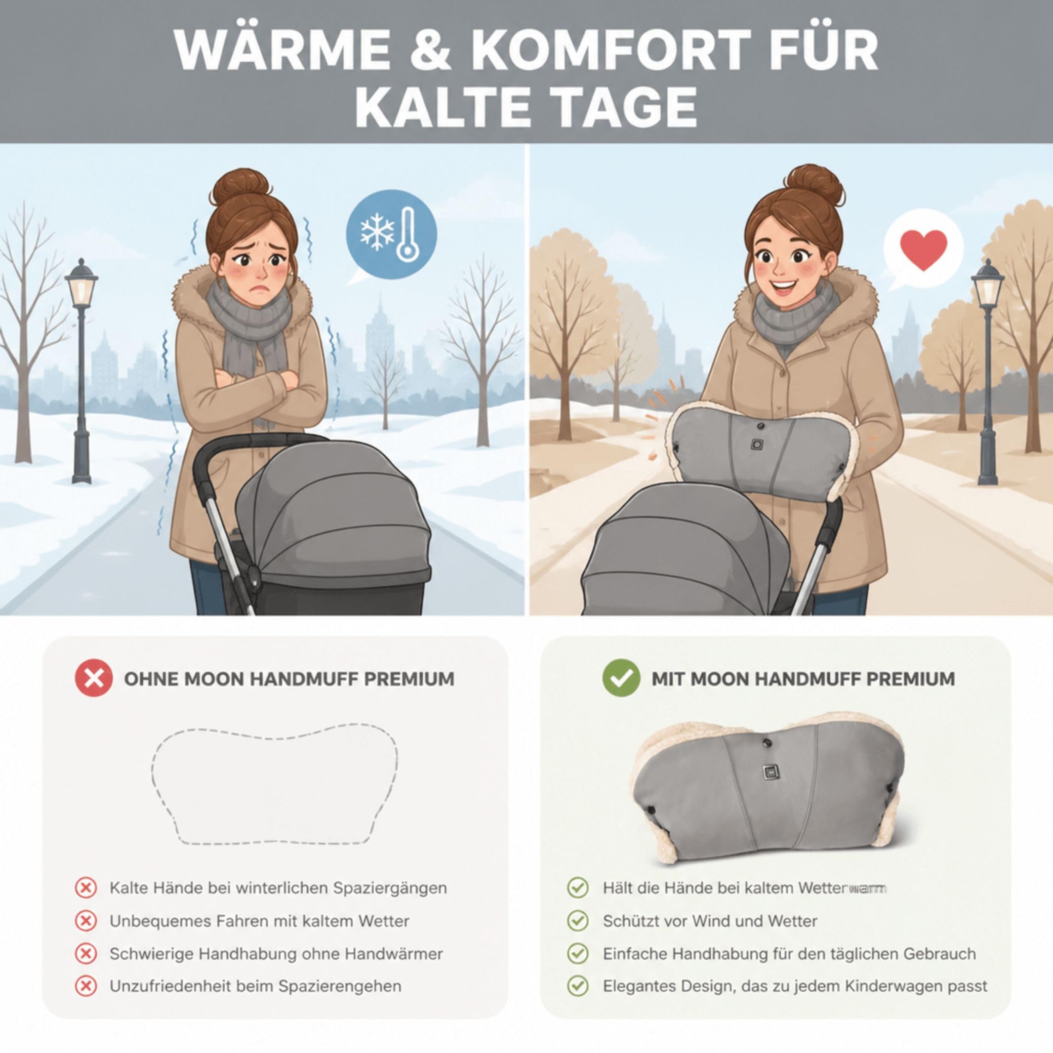 Moon Handmuff Premium & Windel Blaubaer | Passend für Kinderwagen & Buggy | Wasser- und windabweisender Handwärmer mit kuscheligem Innenfutter, | Handschuhe Ideal für kalte Tage | Einfach anzubringen