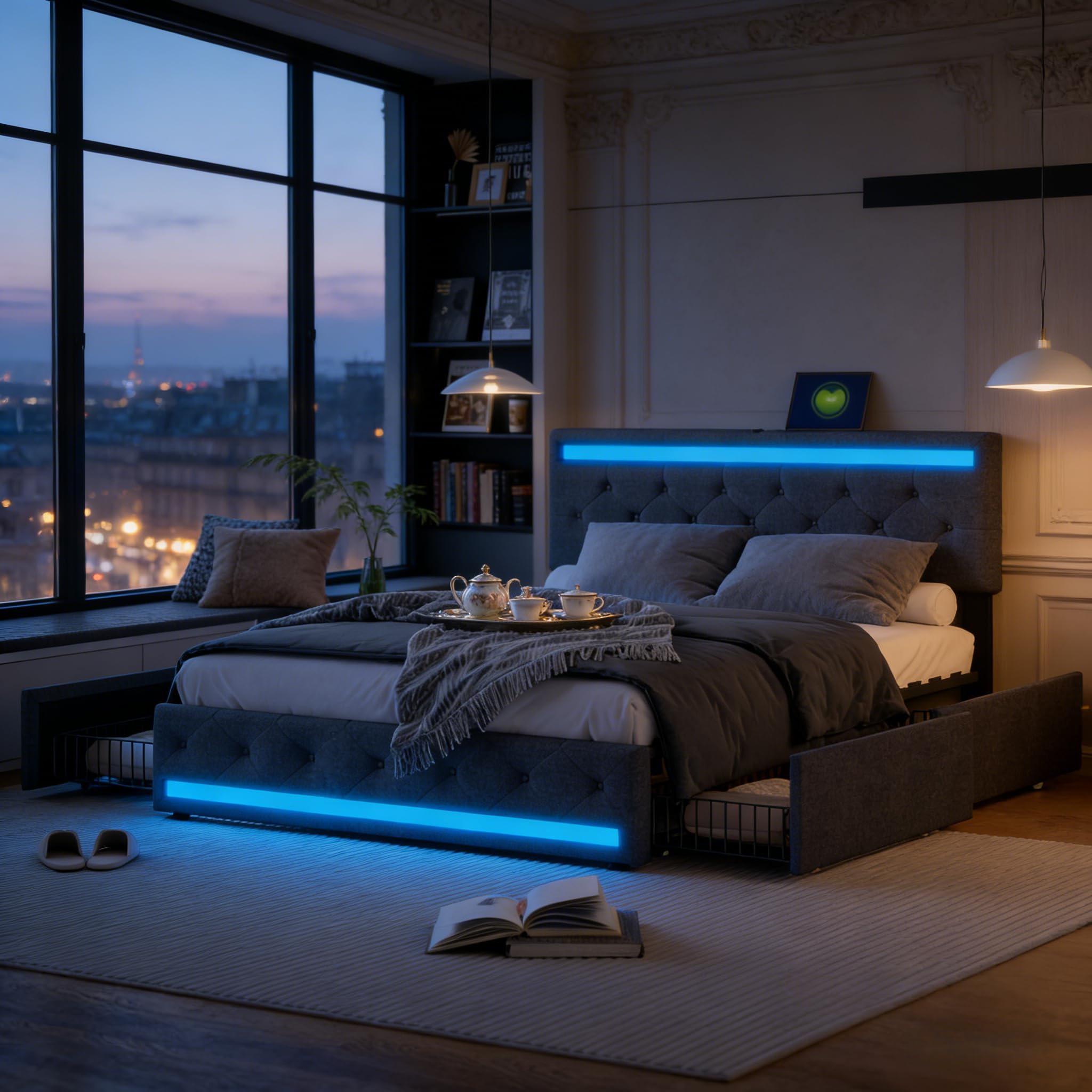 Lit Double 180x200 cm avec Sommier et 4 Tiroirs de Rangement, Lit Rembourré en Lin avec Tête de Lit à LED et Station de Charge USB/Type-C,Cadre de Lit Moderne Design Gris pour Adulte et Chambre d'amis