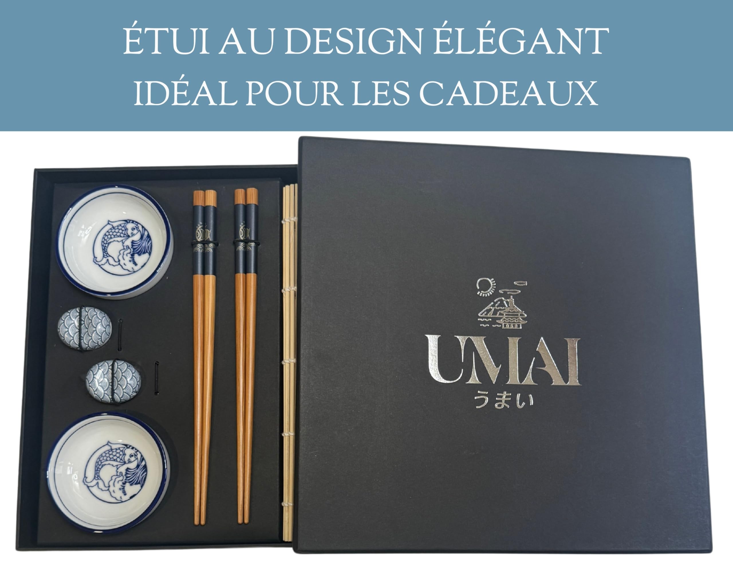 UMAI Kit Sushi | Kit pour faire des sushis à la maison | Set de sushis 2 tapis à sushis + palette + 2 jeux de baguettes + 2 bols de soja + 2 supports baguettes + QR avec livre de recettes
