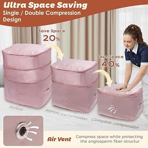 Miniatura 2 de Organizadores de autocompresión que ahorran espacio, paquete de 2 cubos de embalaje de compresión con doble cremallera para ropa de cama, bolsa de