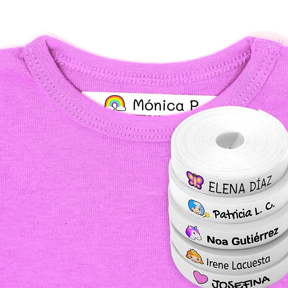 100 Etiquetas personalizadas con nombre e icono de color para marcar la ropa. Tela blanca termoadhesiva para planchar en camisetas, pantalones, abrigos y todo tipo de prendas. (Fantasía)