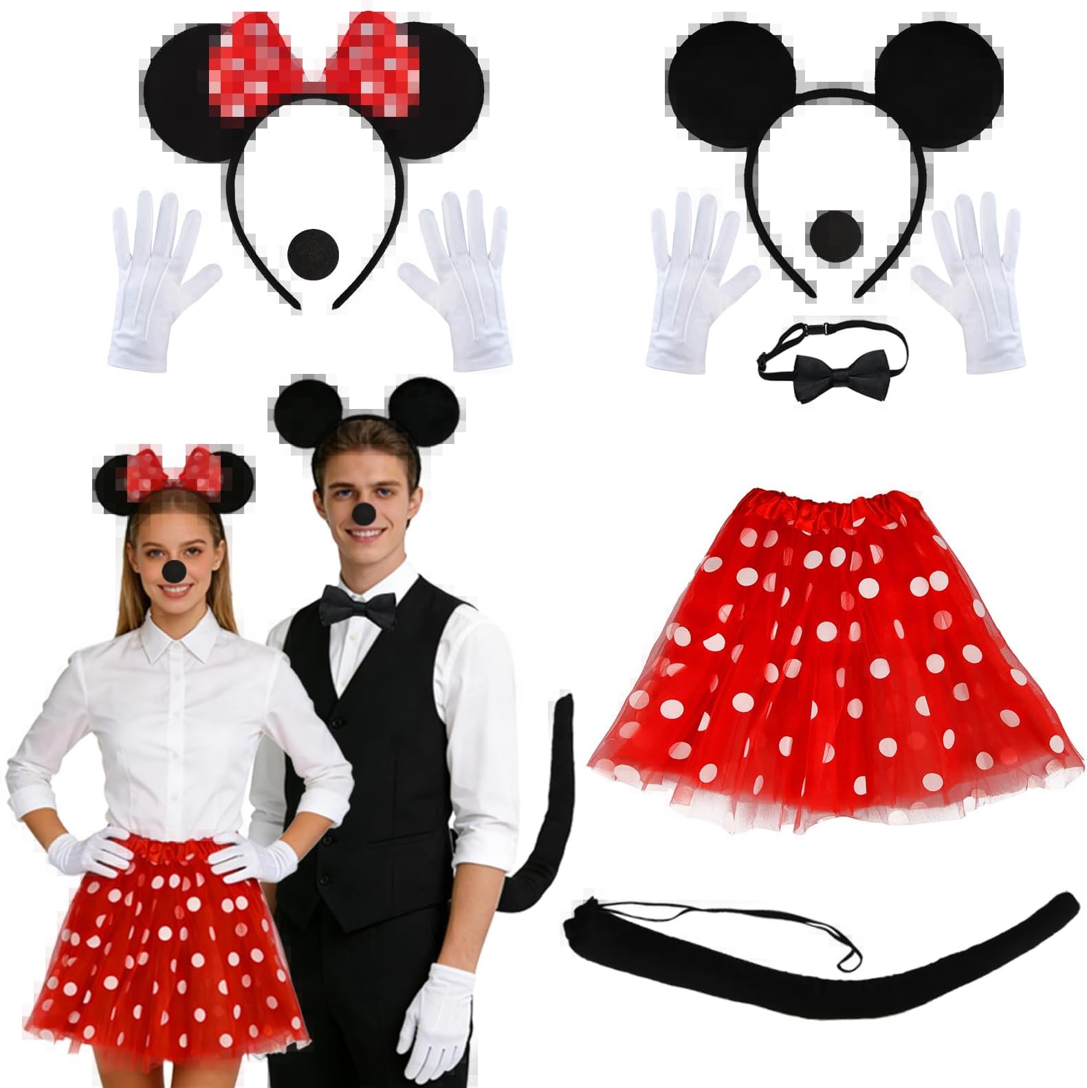 Mouse Costume Women Adults with Mini Mouse Ears Headband, Red Skirt with White Polka Dots, Nose, Gloves, Tail, Bow, Carnival Mini M-ouse Costume Women Adults for Fancy Dress