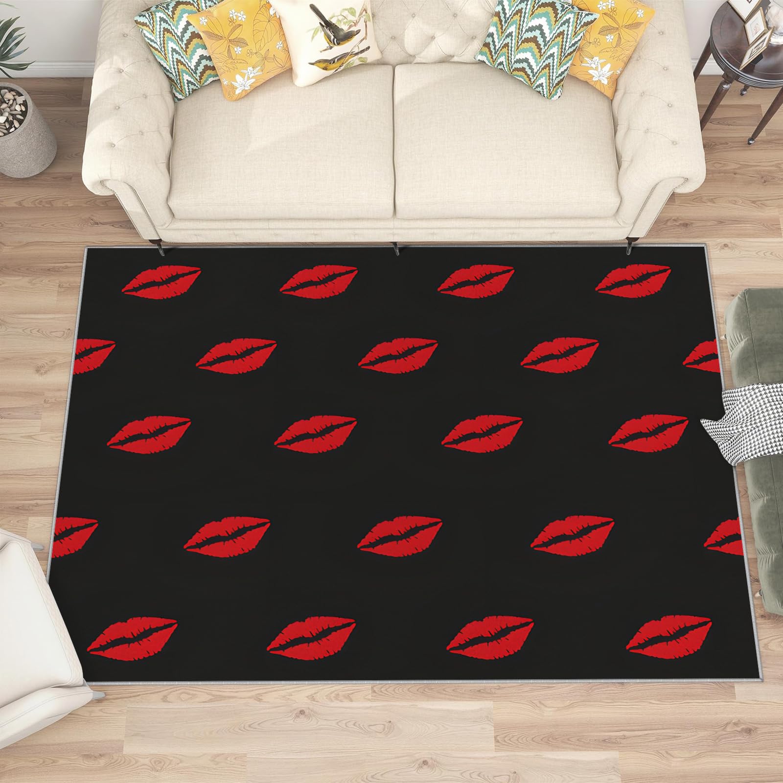 Großer waschbarer Kurzflor-Teppich 200x300, Knutschfleck Rot Schwarz Teppich Abstrakt Dünn Saugfähig Vielseitig für Wohnzimmer Schlafzimmer Oder Als Bettvorlege G228
