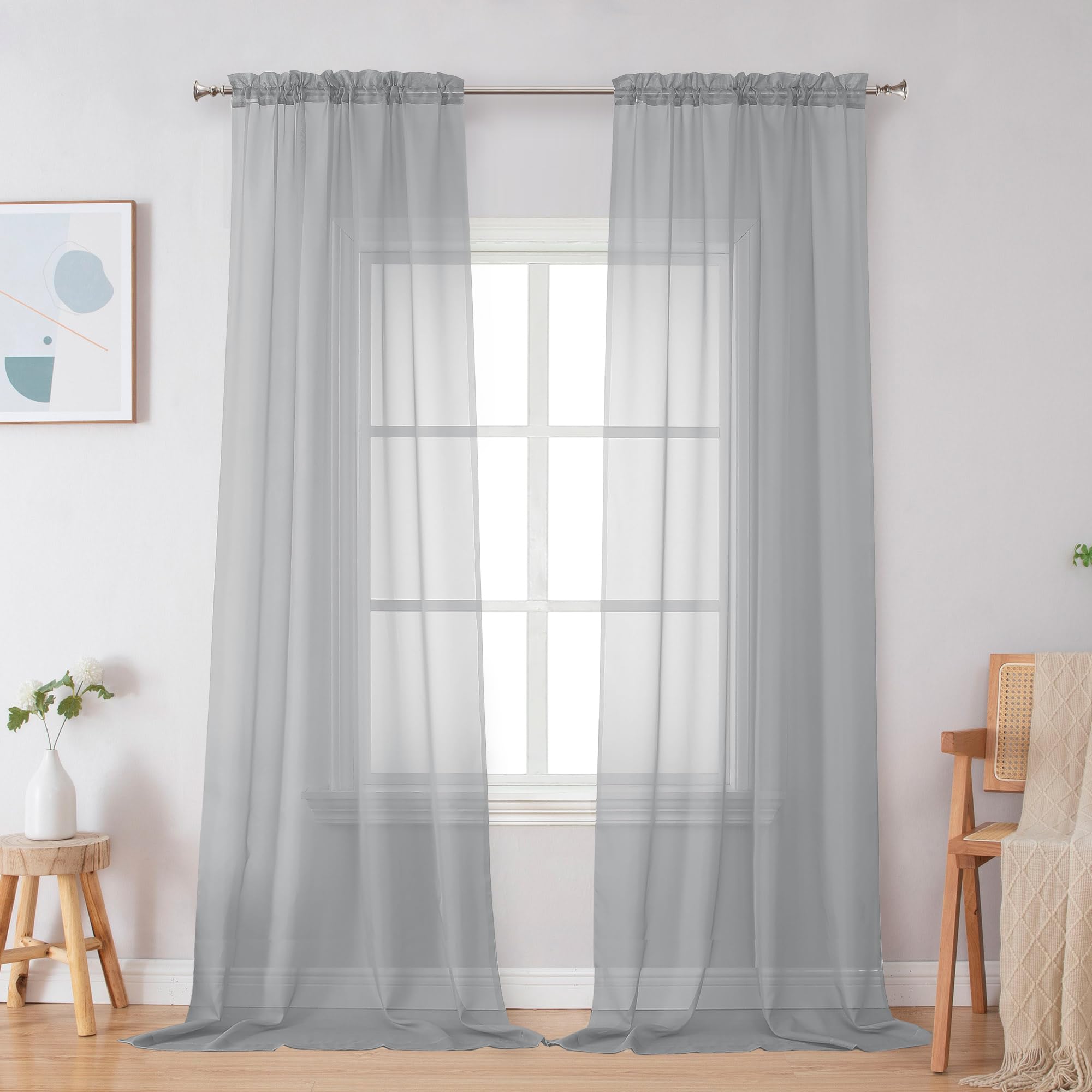 Simplebrand Light Grey Sheer Curtains 96 Inches Long 2 Panels for Bedroom