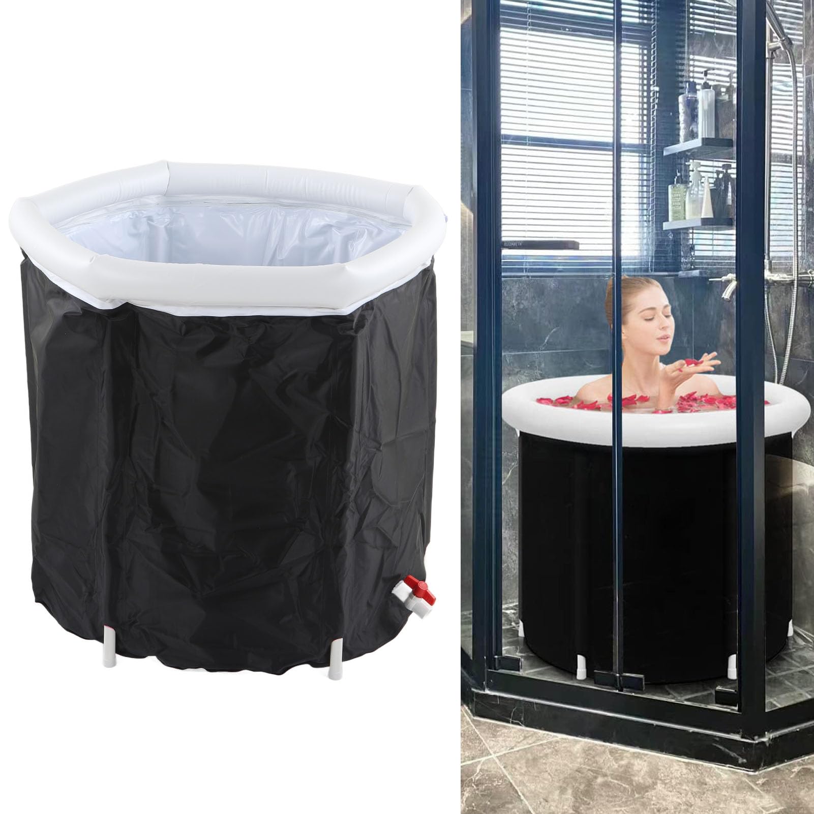 Vasca bagno pieghevole portatile nera, design ergonomico, vasca bagno gonfiabile con anello d'aria, altezza 75 cm, diametro 85 cm, cabina di immersione in acqua fredda, adatta per bagni di
