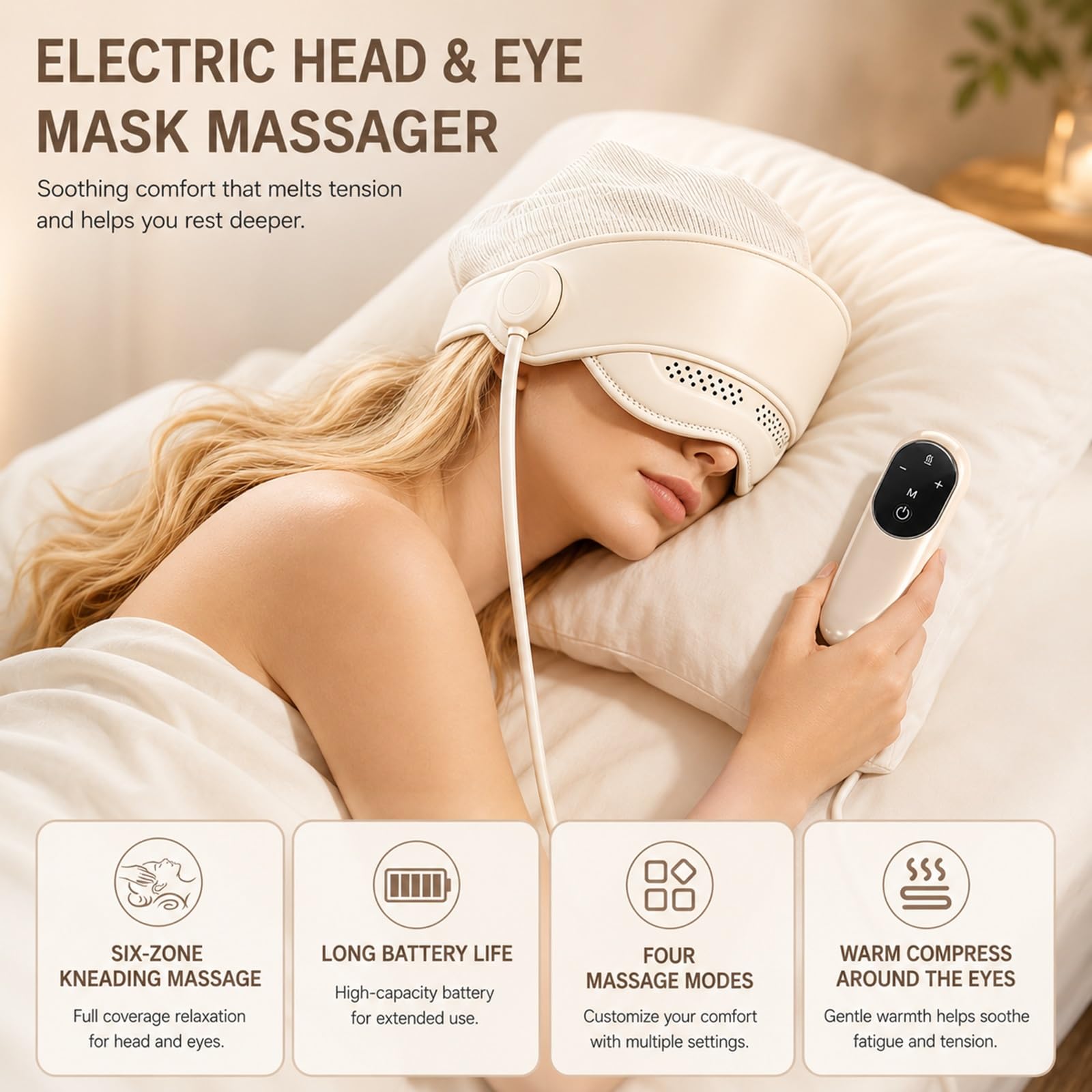 Masajeador Eléctrico Recargable 3 En 1 Para Cabeza Con Función Calor, Dispositivo Con Capucha Desmontable Para Masaje Cuero Cabelludo Y Ojos, Cuenta Con 6 Zonas De Bolsas Aire Envolventes
