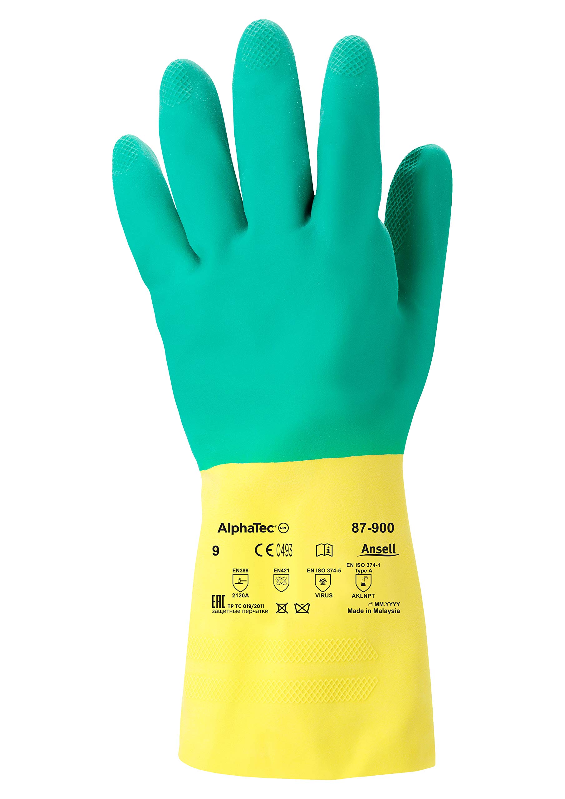 Ansell AlphaTec 87-900 Gants de Travail Multi-Usage, Résistance Chimique, Design Durable avec Excellente Préhension, Finition Coton, Gant Homme Femme, Vert, Taille L (12 Paires)
