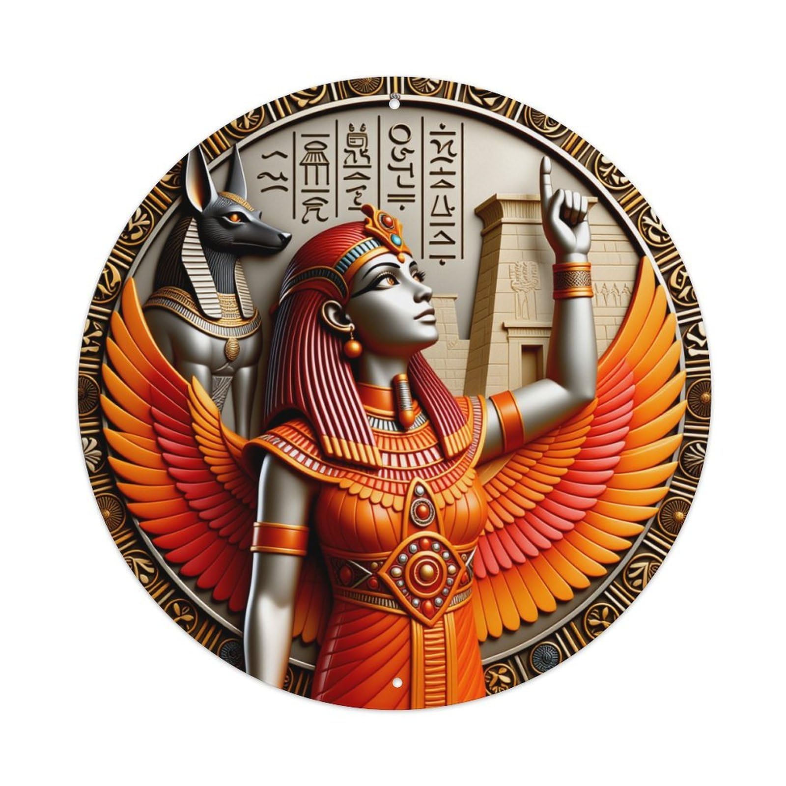 Egyptian Goddess With Wings And Anubis Background Round Vintage Tin Sign,Retro Wall Art,Metal Poster for Home, Bar, Garage, Cafe, Rustic Indoor & Outdoor Decor, 8x8 Inches