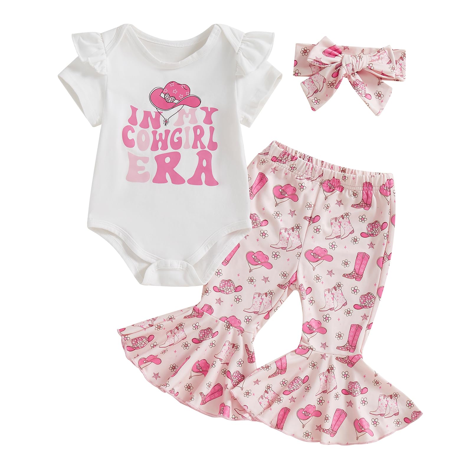 My First Rodeo Baby Girl Outfit Newborn Romper Pants Set | Infant Cowgirl Western Clothes Long Sleeve Romper Bell Bottom Pants 3Pcs Set 3-6 Months Pink-summer Cowgirl
