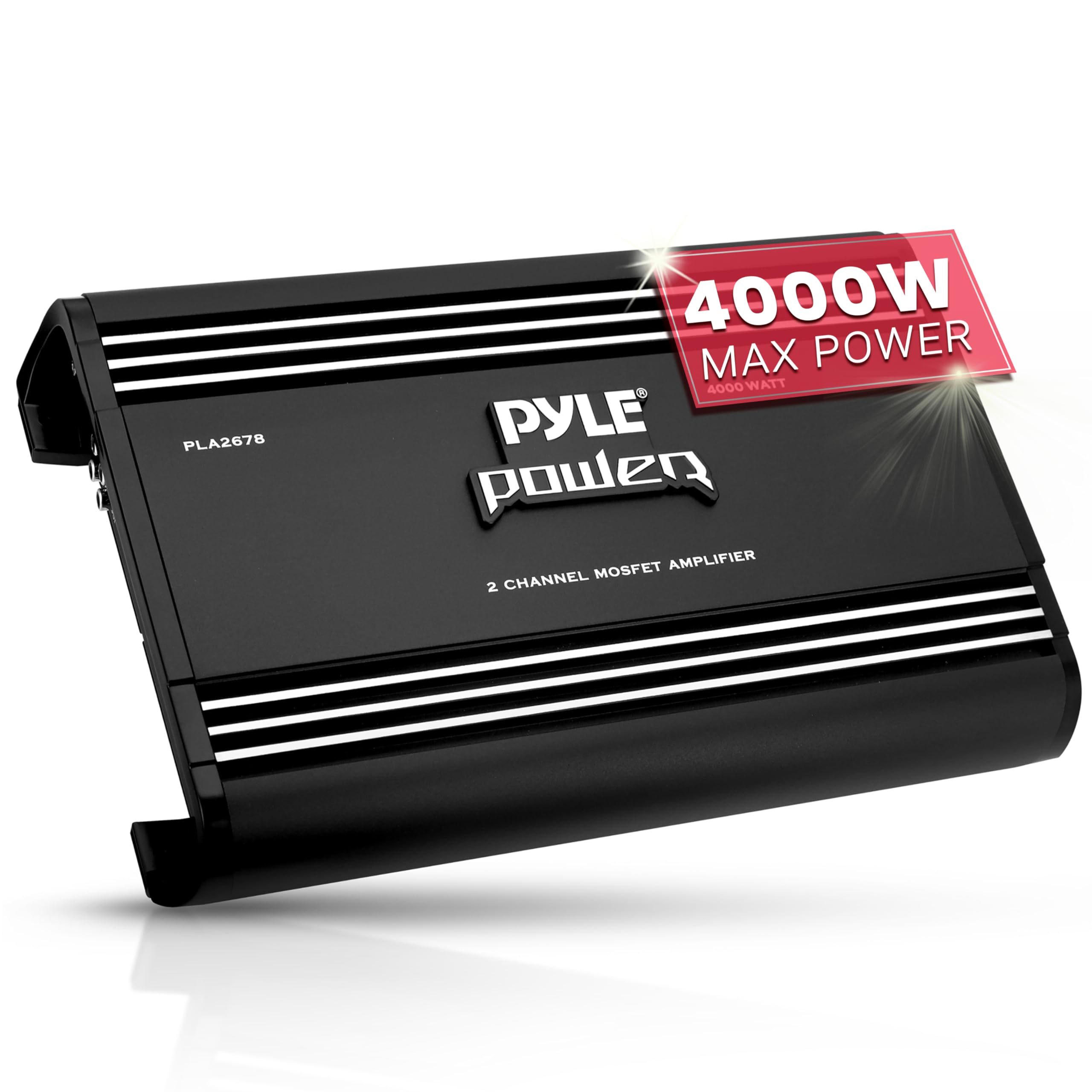 Pyle Amplifier Car Audio, 2 Channel Car Amp, 4,000 Watt Compact Subwoofer, 2 Ohm Stable, Full Range Bridgeable, Adjustable Crossover & Bass Boost, High Power MOSFET, Silver Plated RCA Input/Output