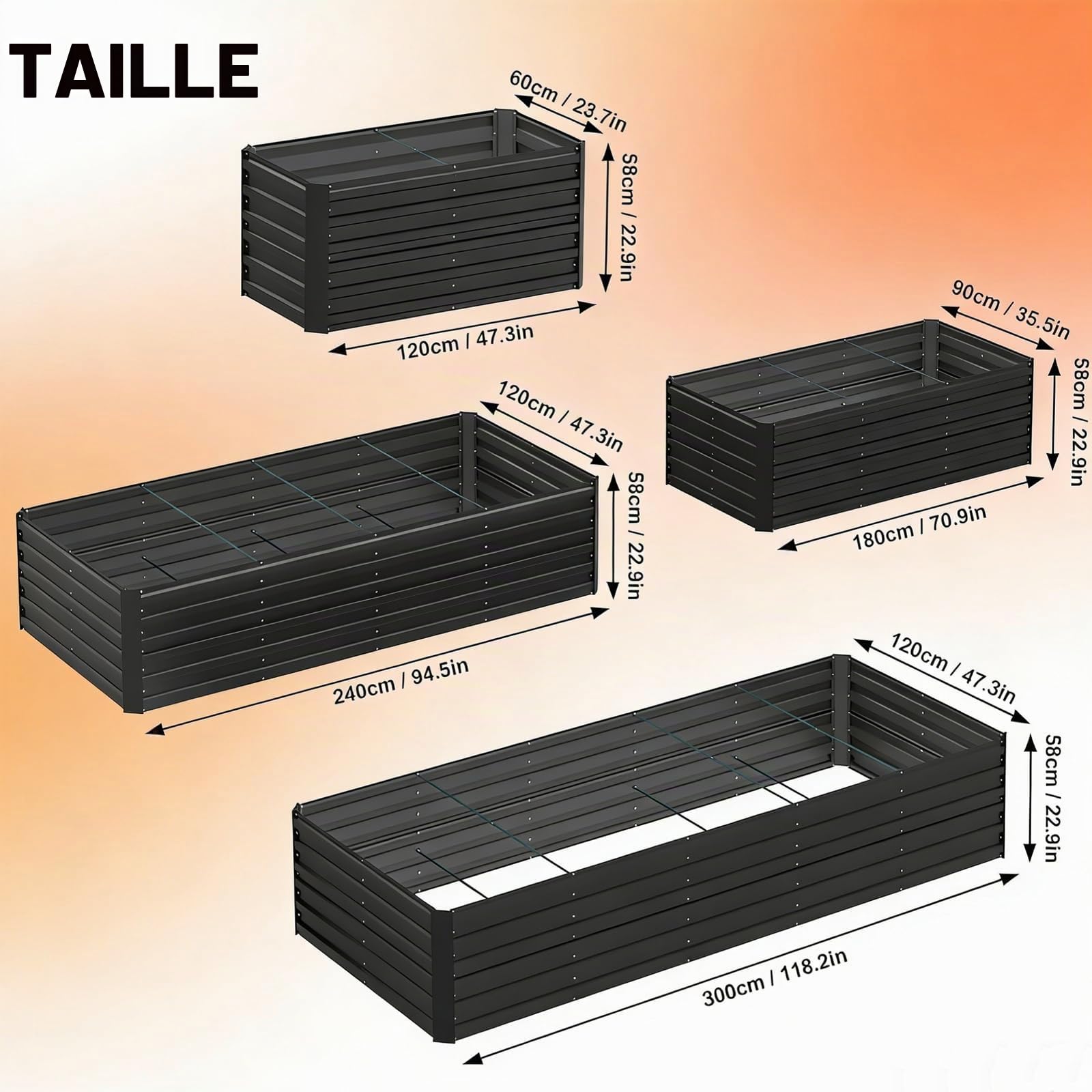 Potager Surélevé Métal 300x120x58cm, Lit de Jardin Fond Ouvert, Potager Surélevé Acier Galvanisé, Jardinière Extérieur Jardin Antirouille pour Culture Légumes Fleurs Herbes Aromatiques, Noir
