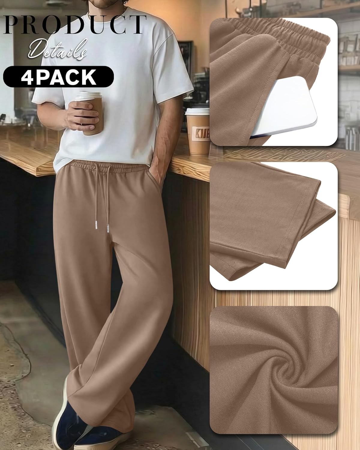 4 Pack Men's Big and Tall Sweatpant Thin Athletic Workout Jogger Open Bottom Baggy Drawstring Pants with Pockets - Image 5