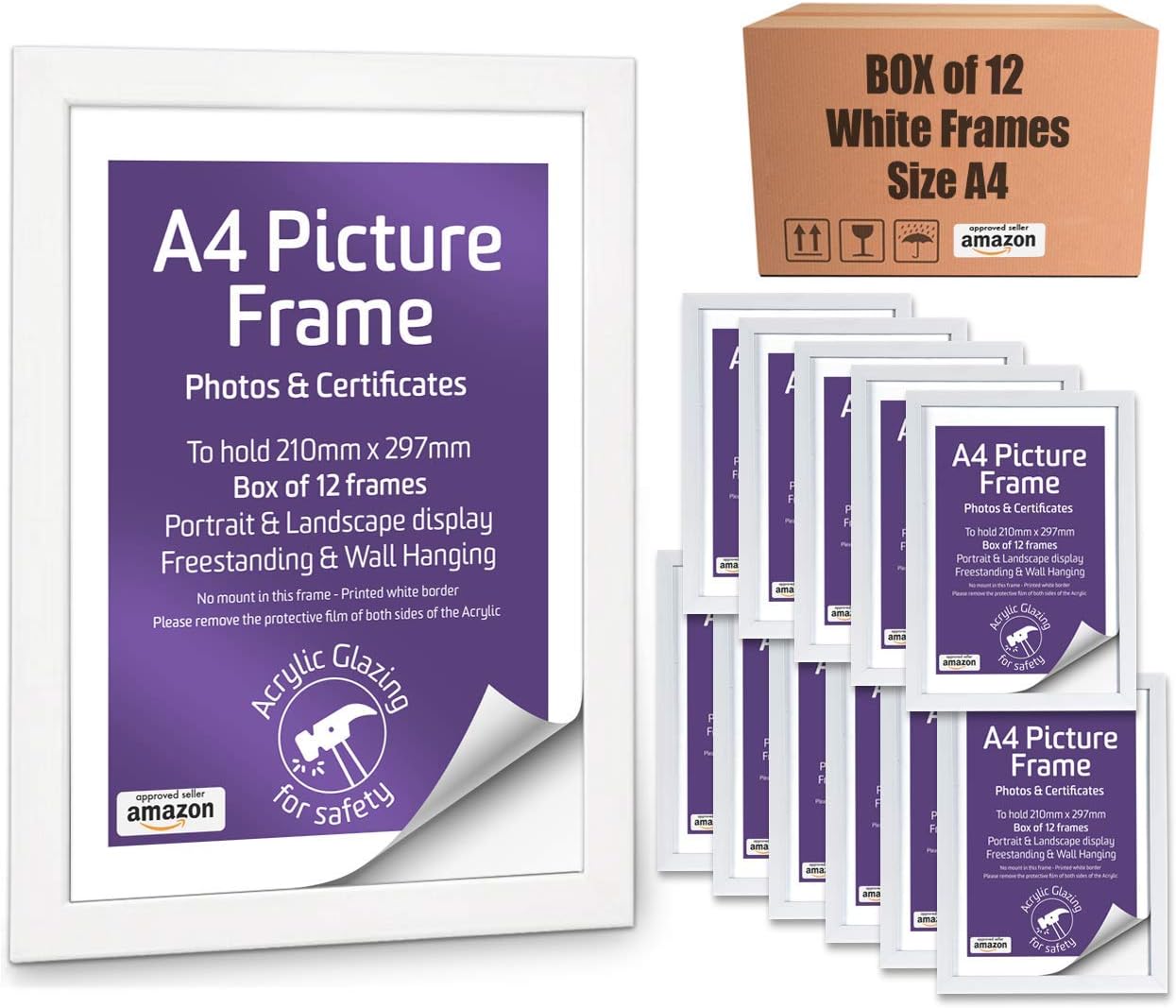 Box of 12 White A4 Photo Frames, Picture Frames, Certificate Frames
