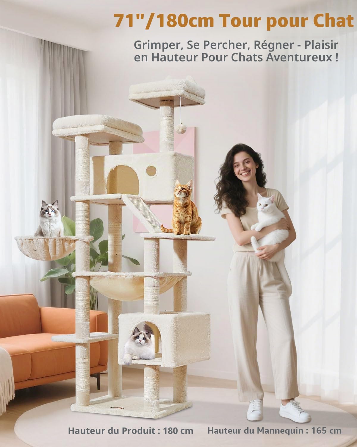 Taoqimiao Arbre a Chat Maine Coon,180cm Stable Arbres à Chat XXL avec 2 Condos Spacieux pour Chats, 8 Griffers, 2 Plateformes, Panier pour Matou, Confortable Hamac, Beige MS026LM