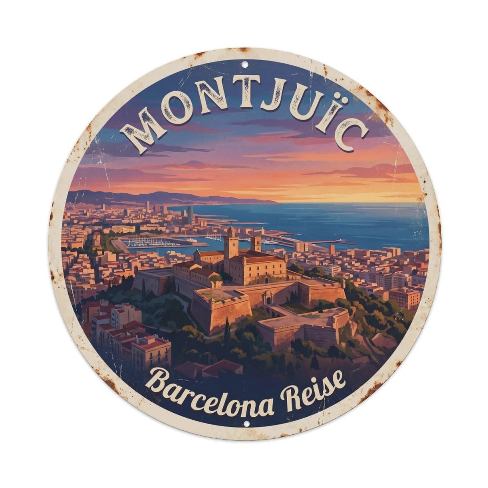 Vintage Travel Montjuic Castle Barcelona Heritage Metal Tin Sign Plaque