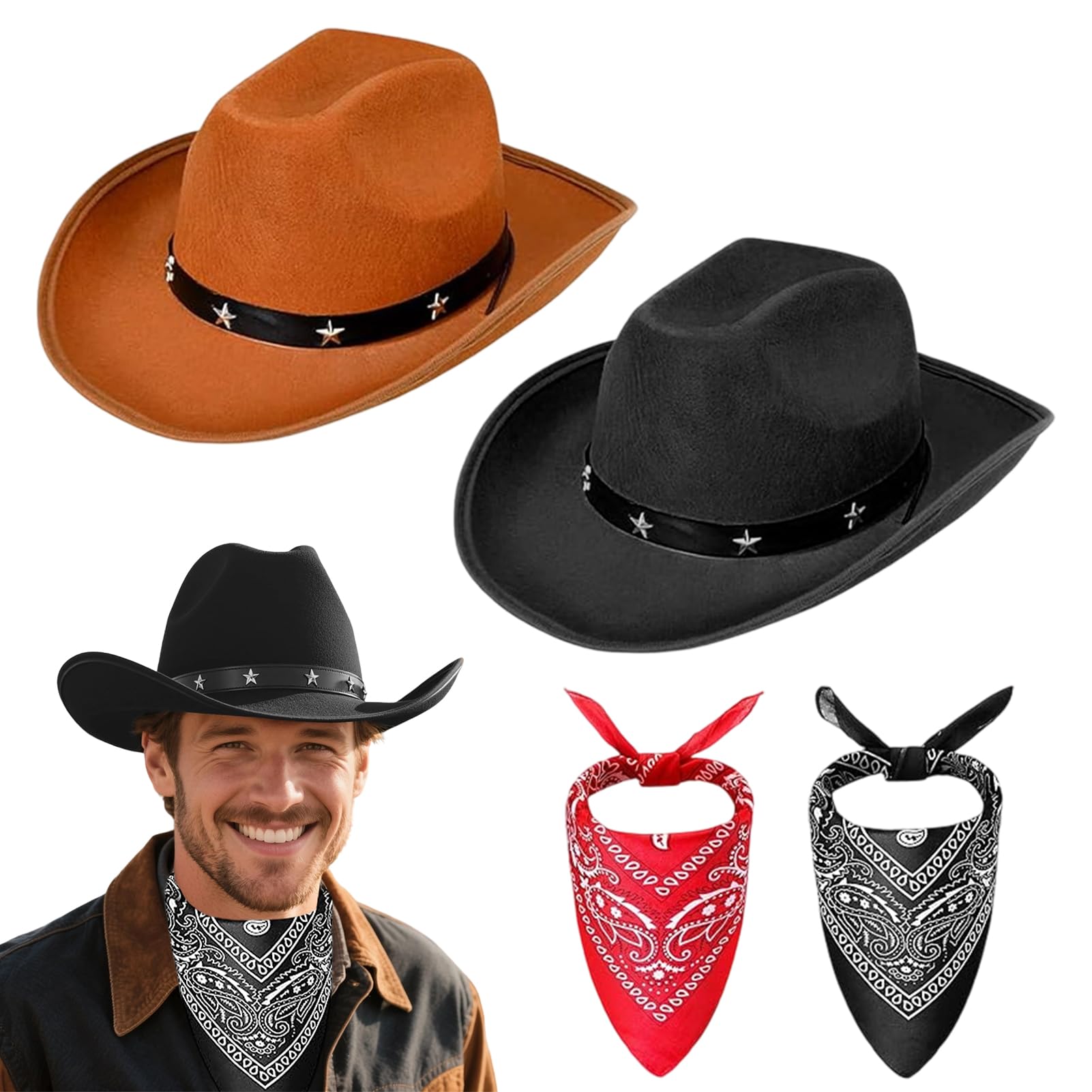 Meriviva Cowboy Hats for Men Women, 4Pcs Black and Brown Cowboy Hat with Bandana Accessories Set, Felt Western Hats for West Fancy Dress Party (Style A (black and brown hat set))